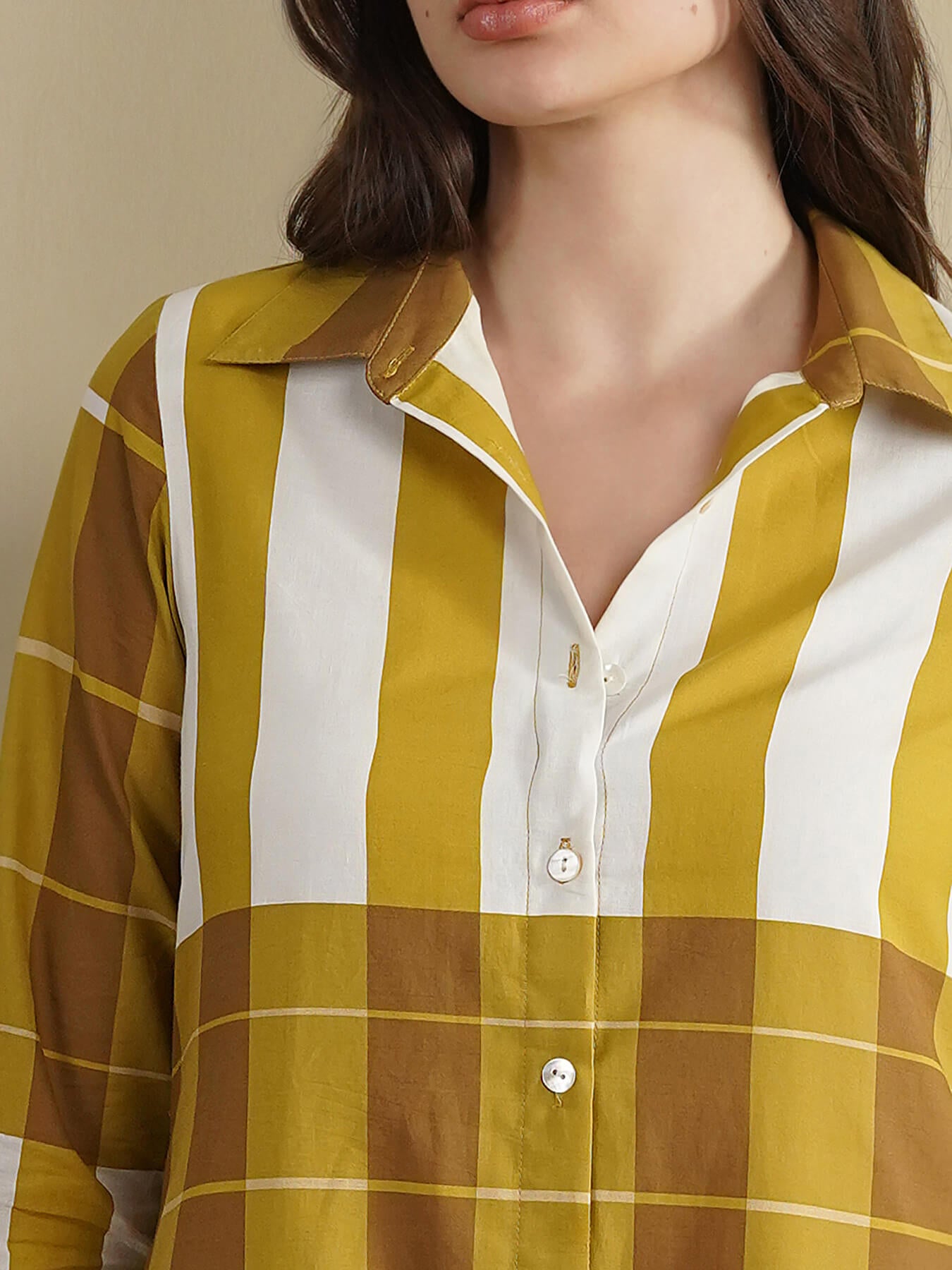 Cotton Striped Shirt Collar Dress - Mustard