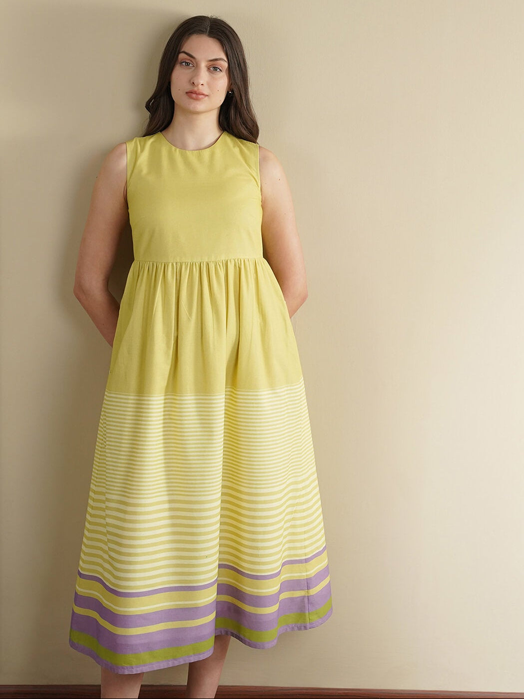 Cotton Striped Fit and Flare Dress - Green