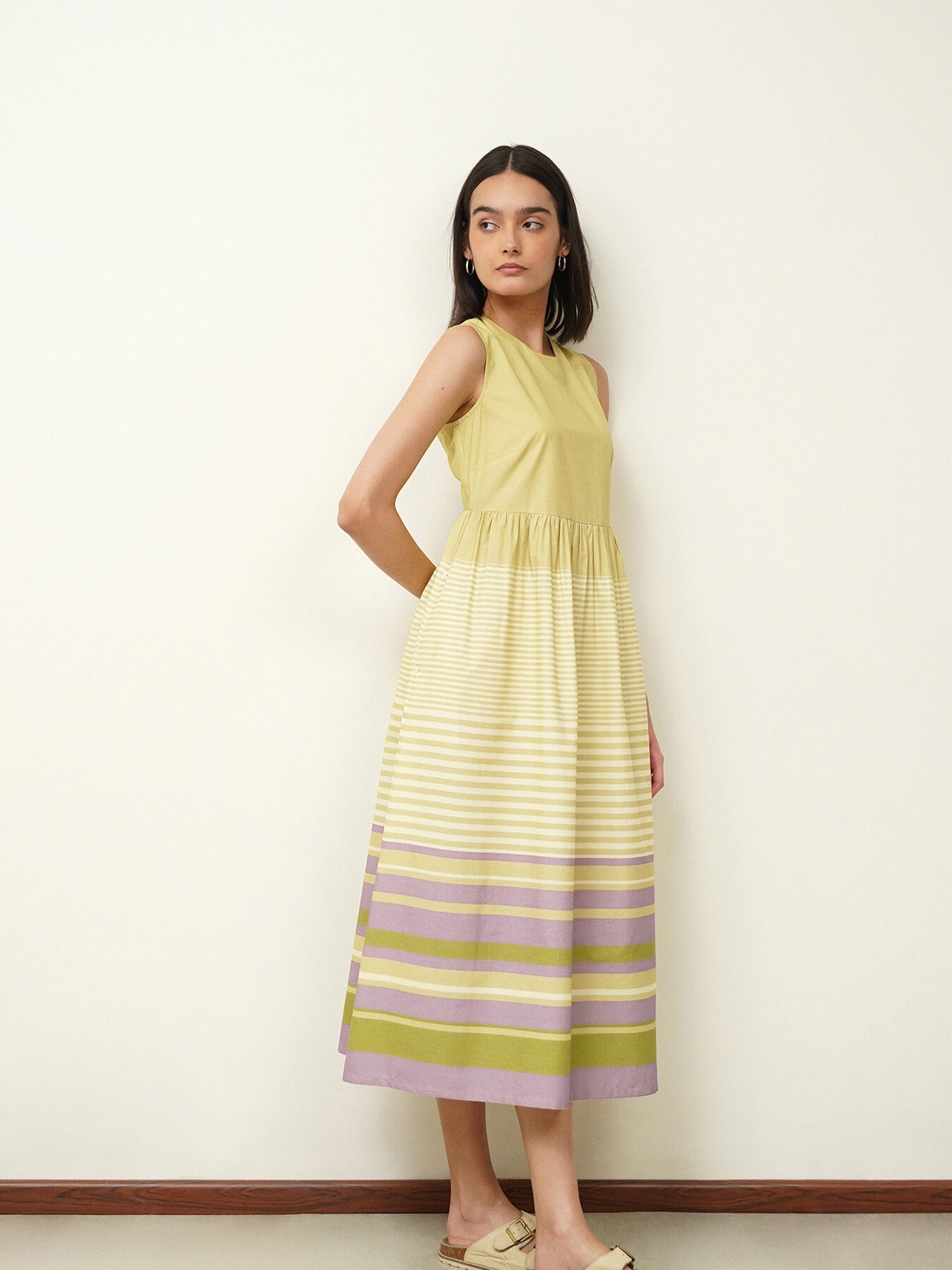 Cotton Striped Fit and Flare Dress - Green