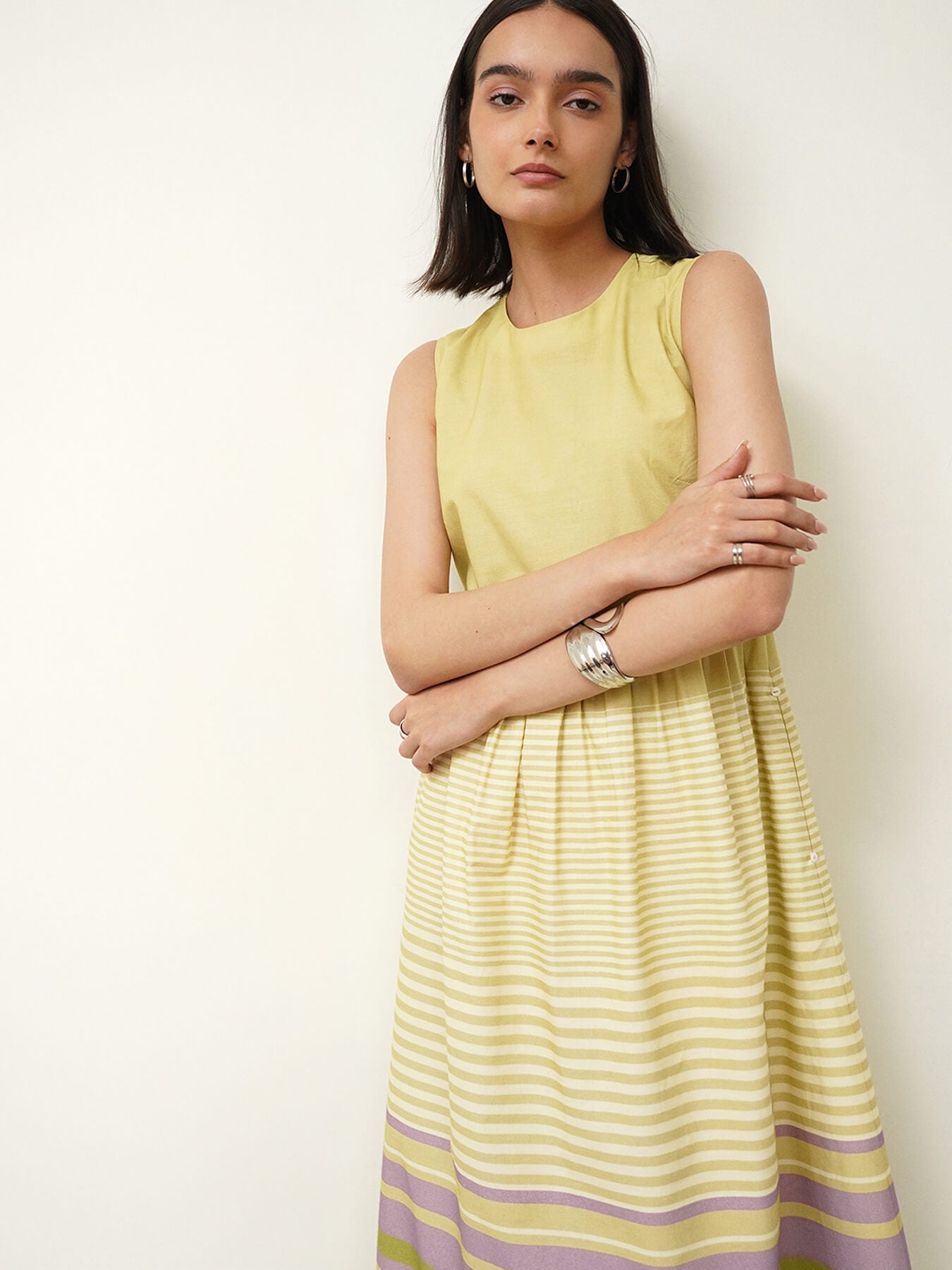 Cotton Striped Fit and Flare Dress - Green