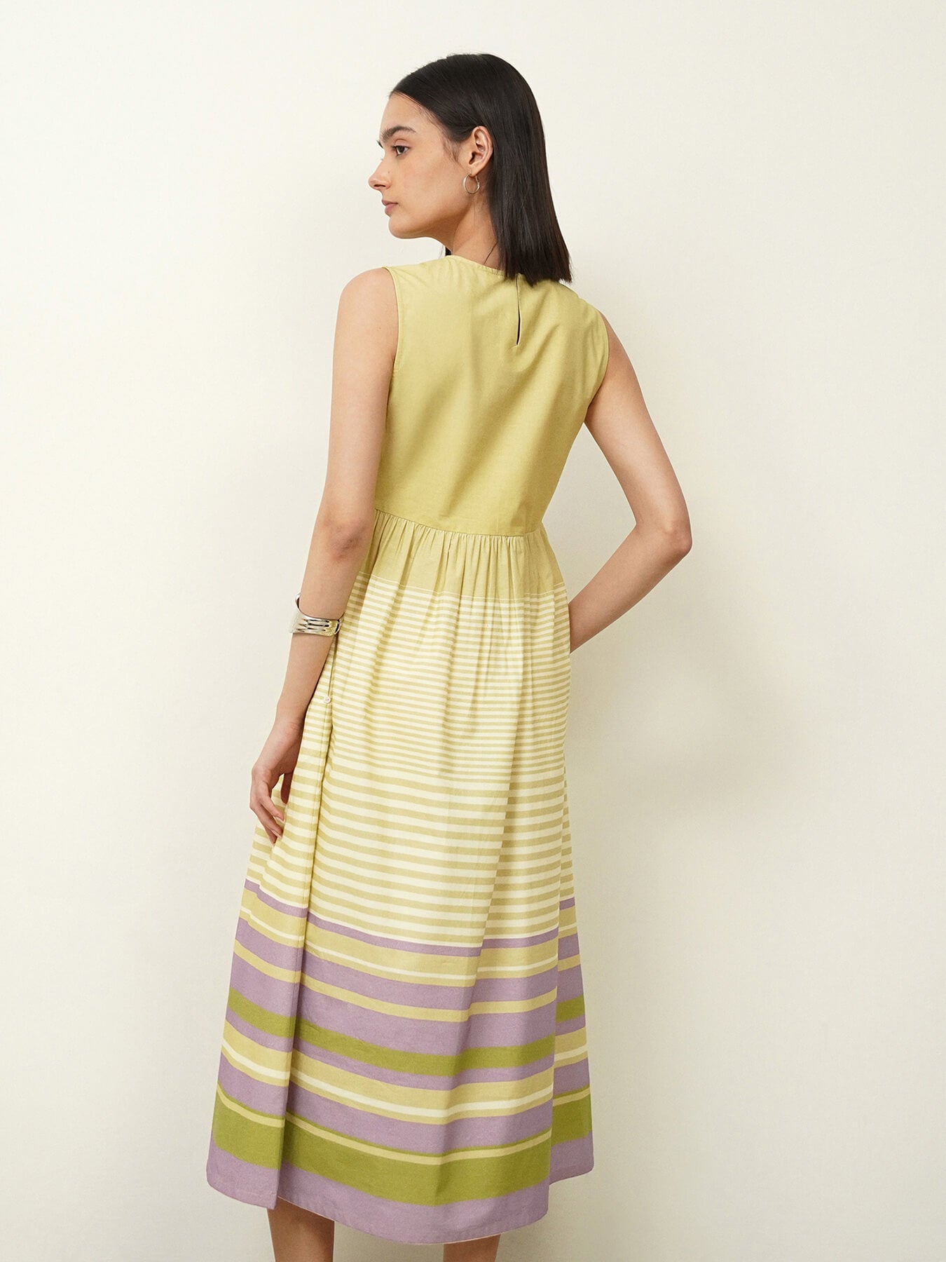Cotton Striped Fit and Flare Dress - Green