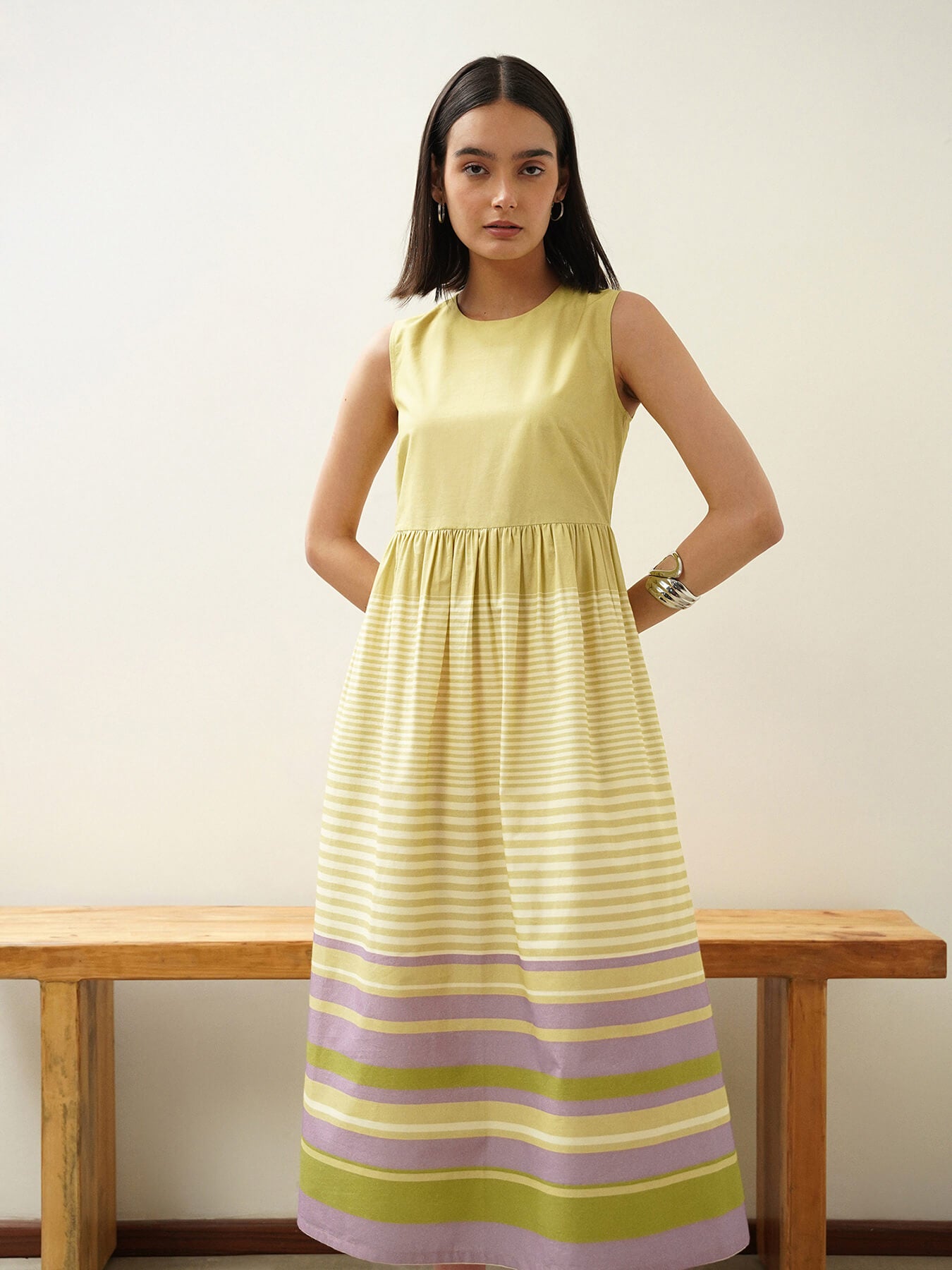 Cotton Striped Fit and Flare Dress - Green