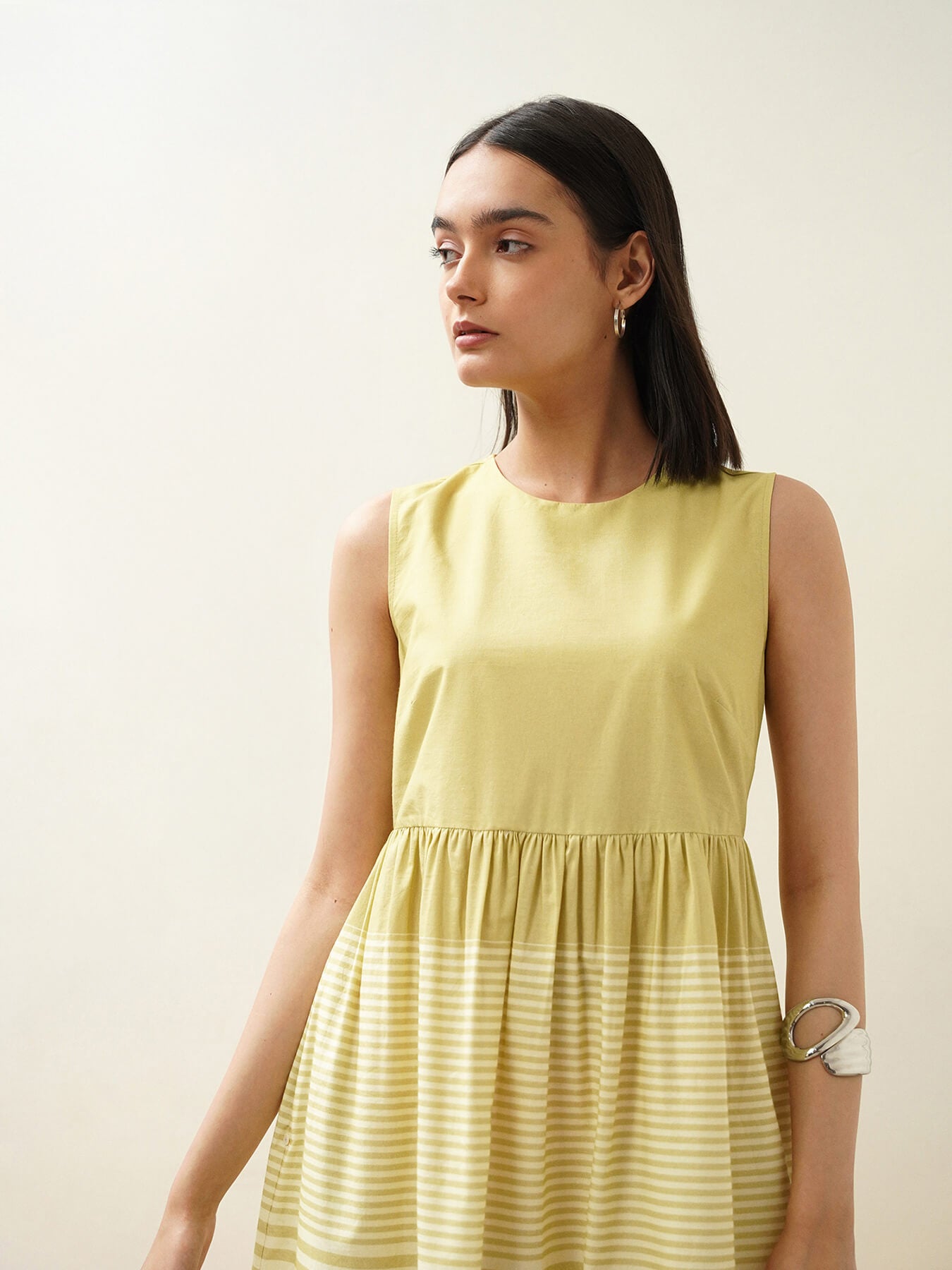 Cotton Striped Fit and Flare Dress - Green
