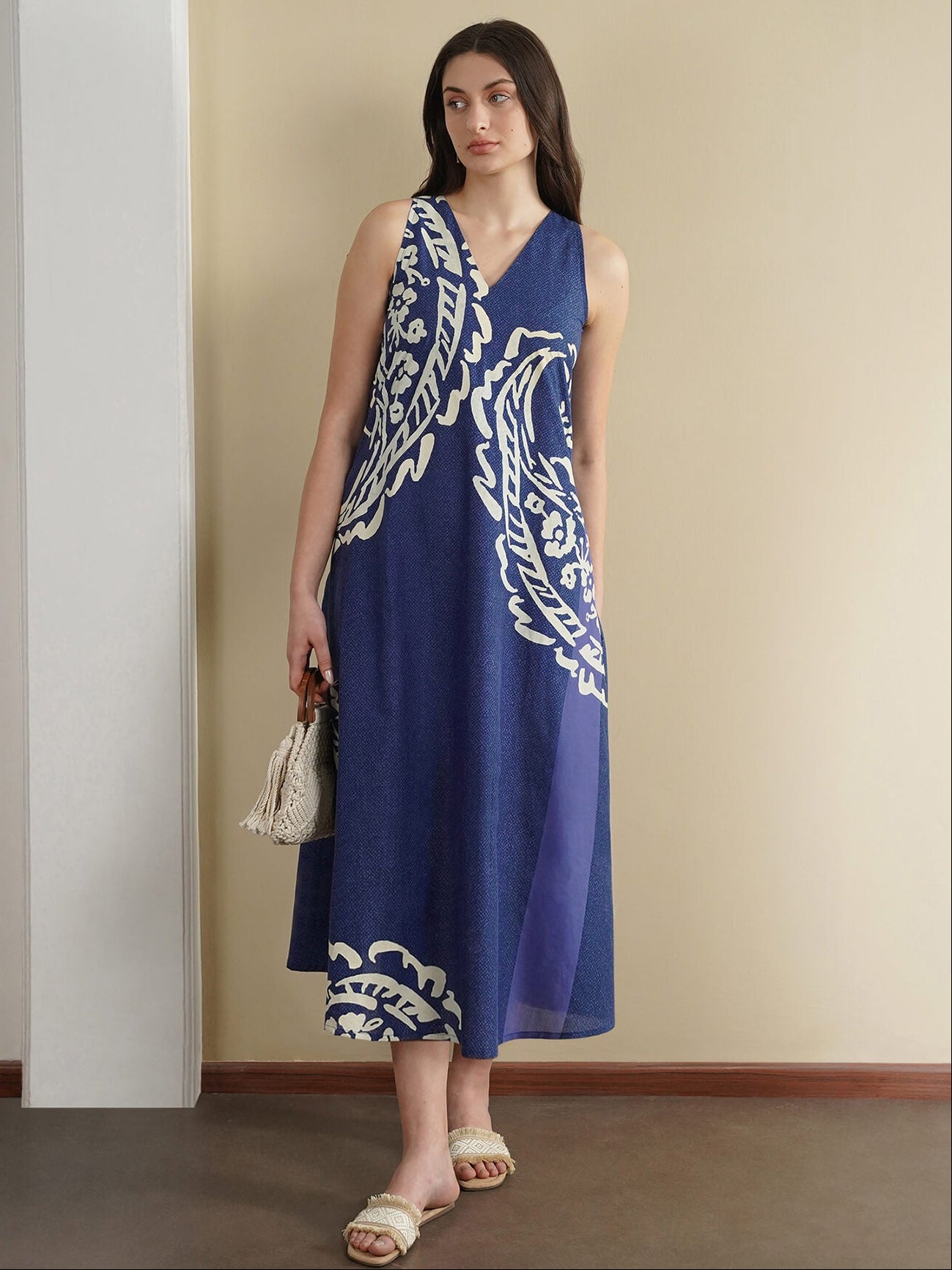 Cotton Paisley A-Line Dress - Blue