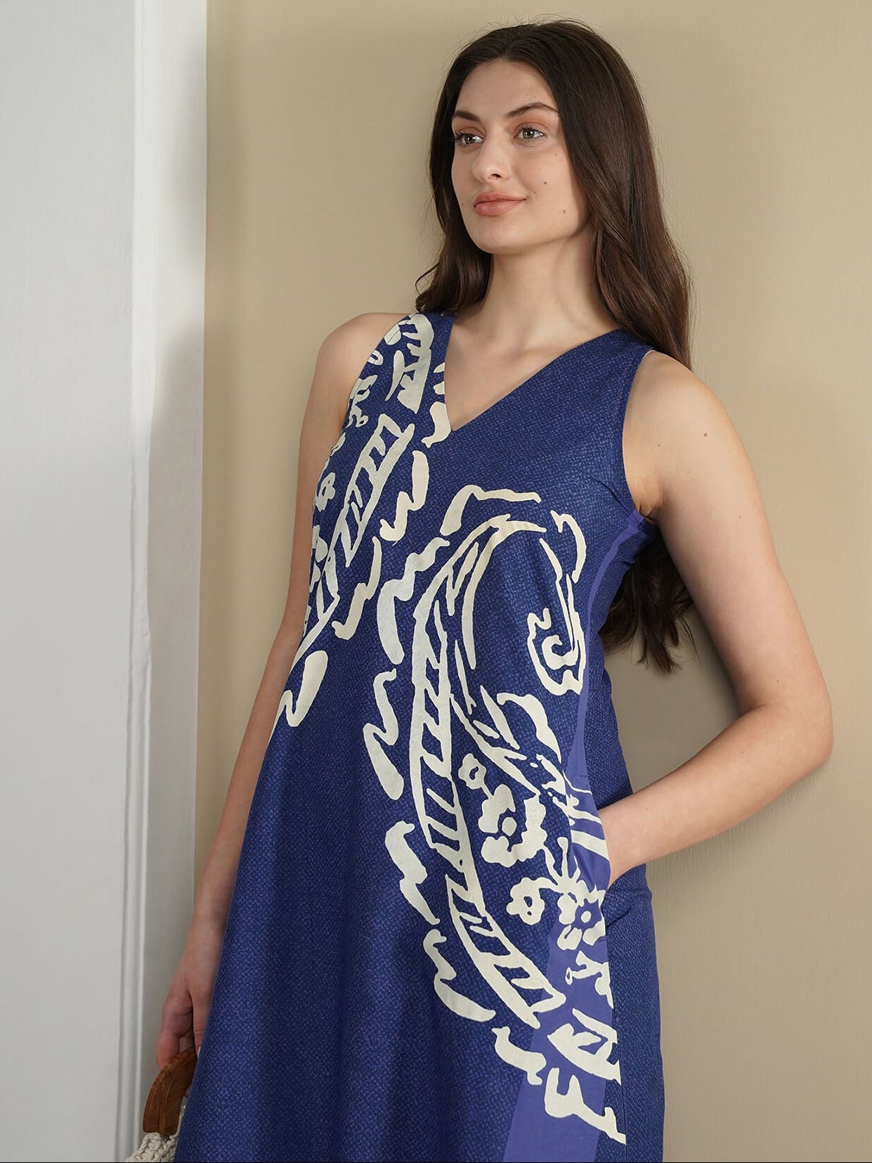 Cotton Paisley A-Line Dress - Blue