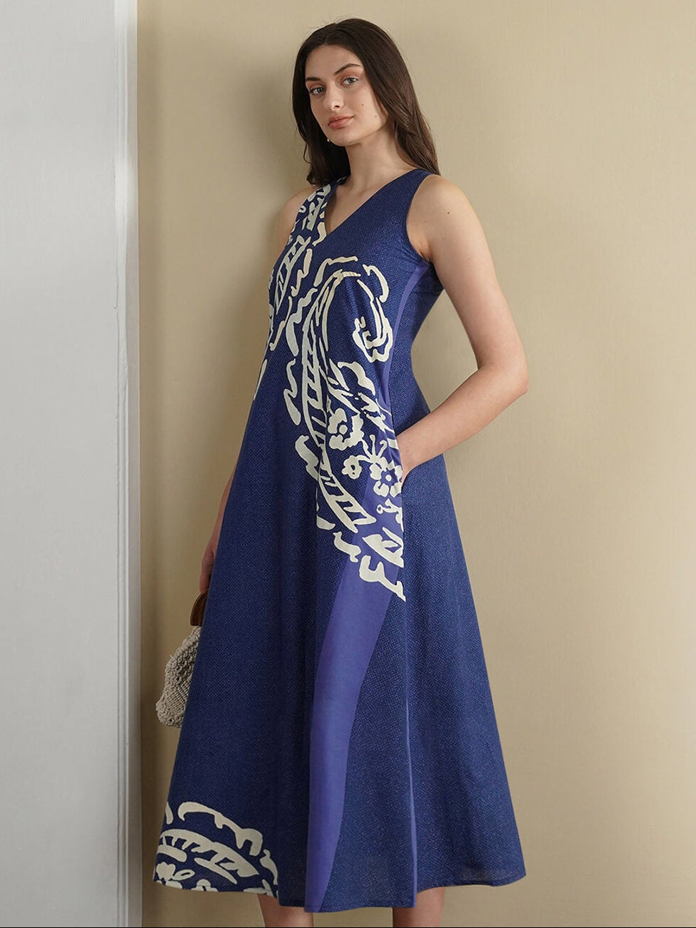 Cotton Paisley A-Line Dress - Blue