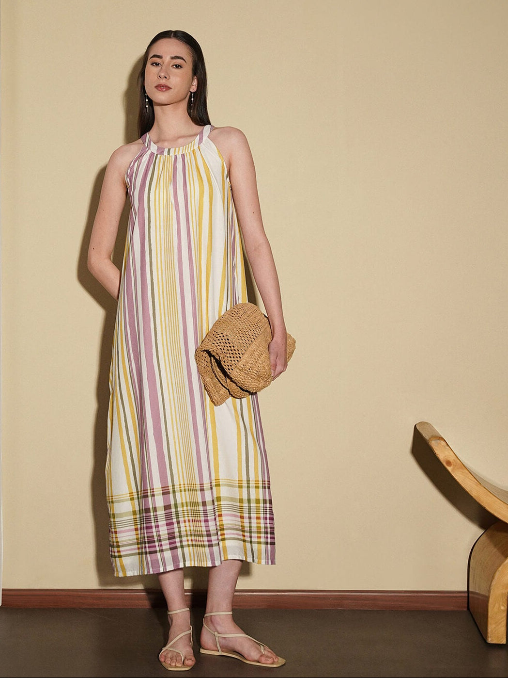 Cotton Striped A-Line Dress - Off White