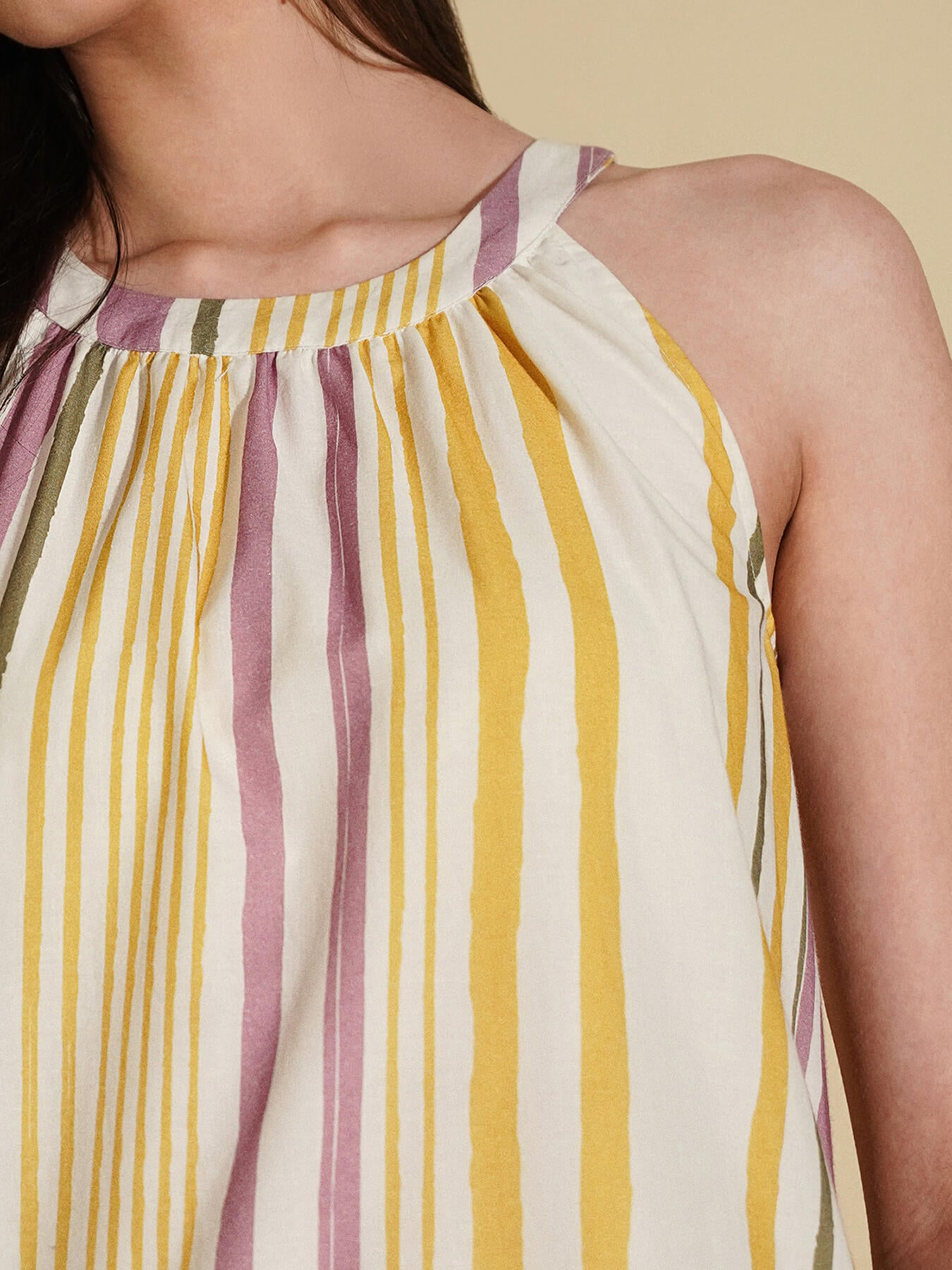 Cotton Striped A-Line Dress - Off White