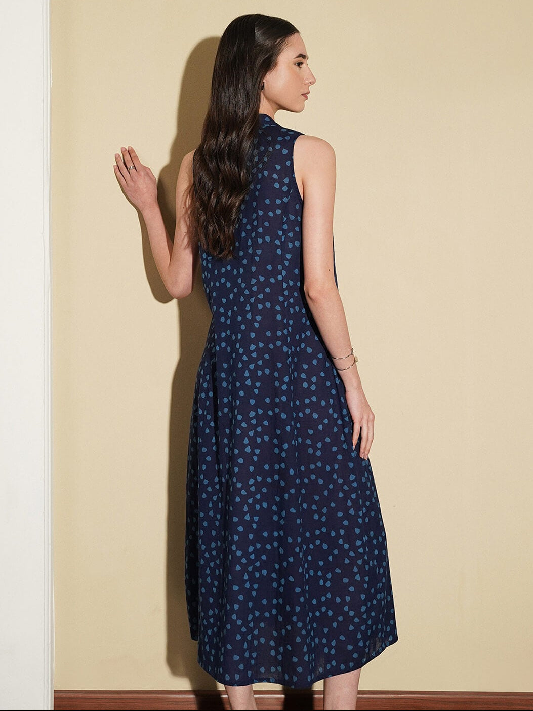 Cotton Geometric Shirt Collar Dress - Navy Blue