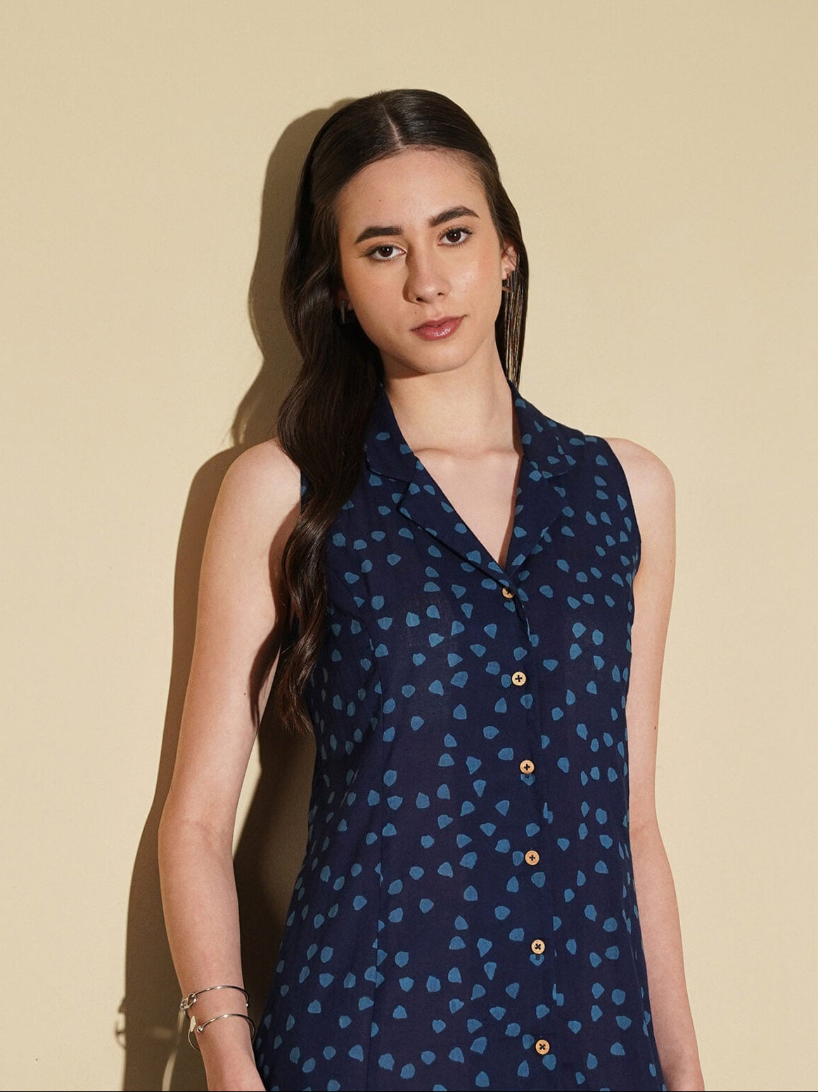 Cotton Geometric Shirt Collar Dress - Navy Blue