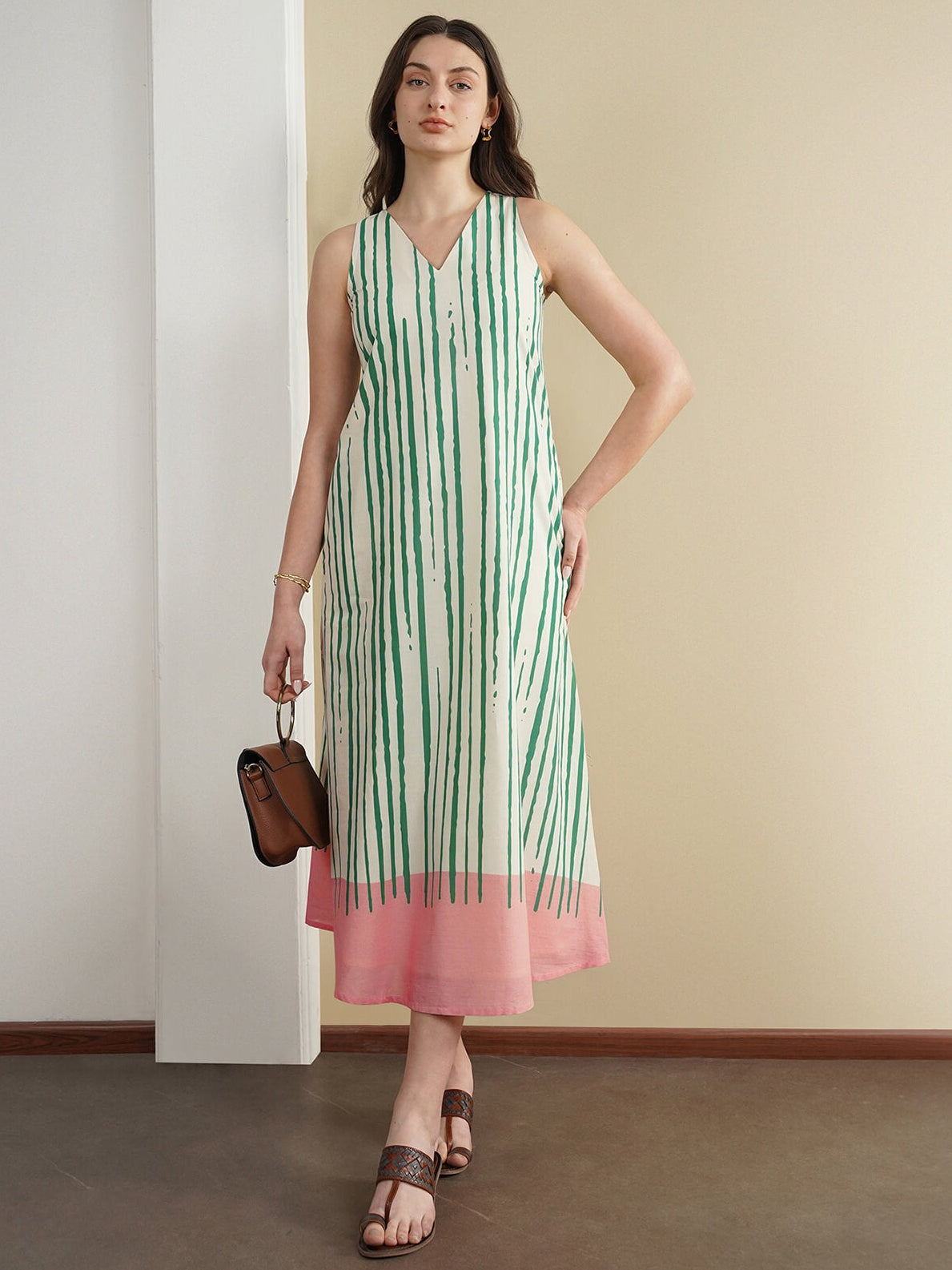 Cotton Striped A-Line Dress - Green