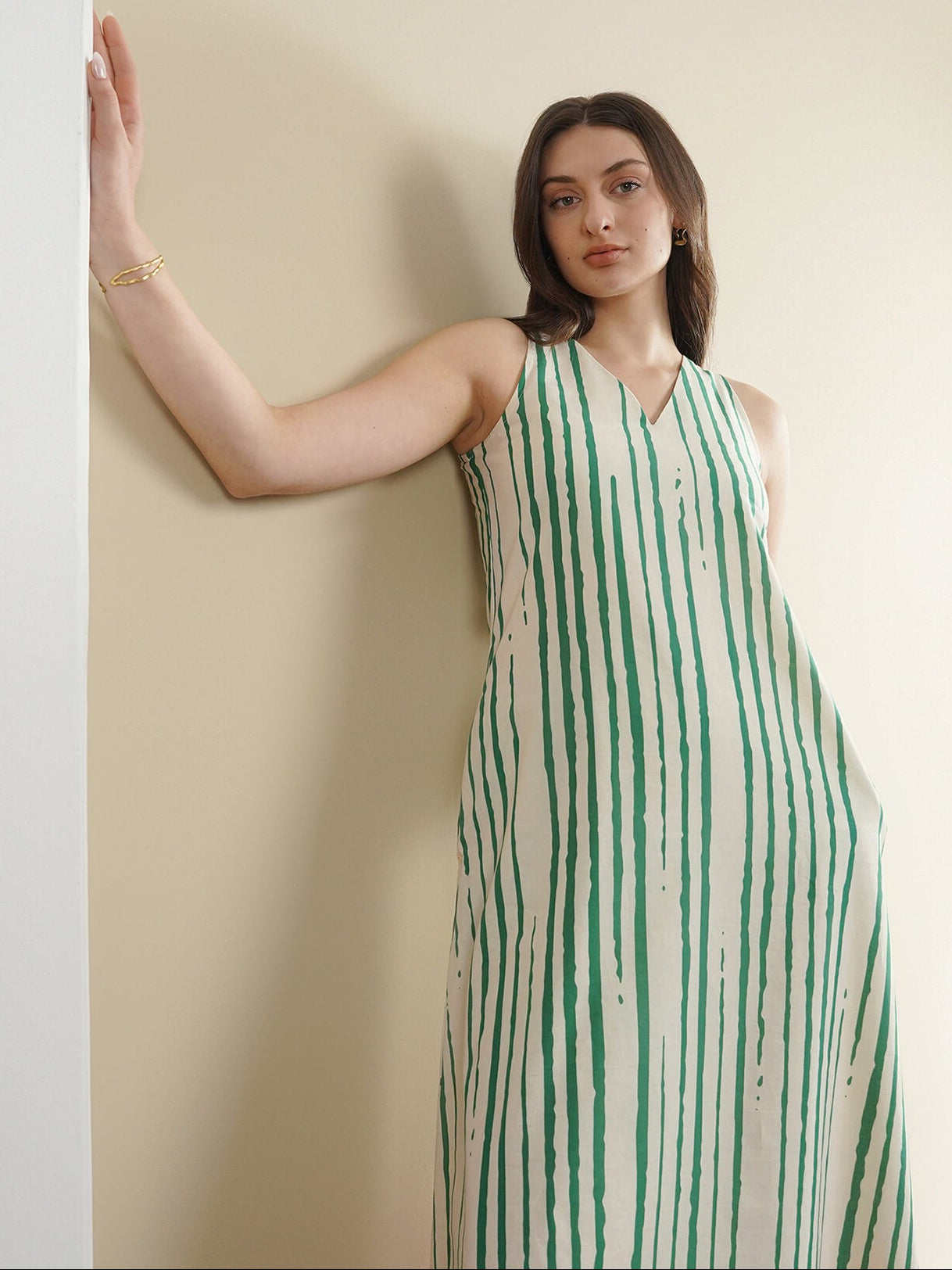 Cotton Striped A-Line Dress - Green