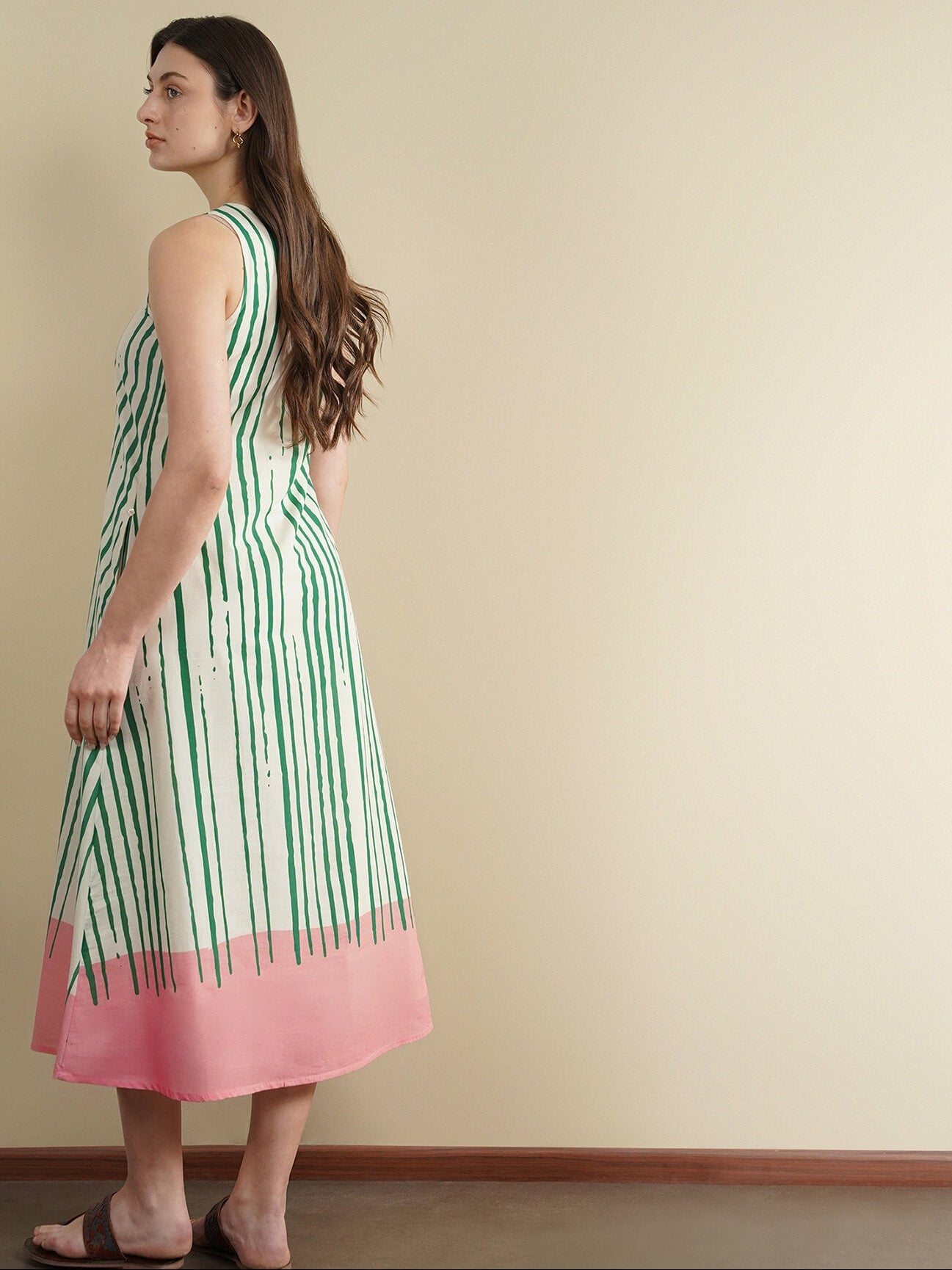 Cotton Striped A-Line Dress - Green