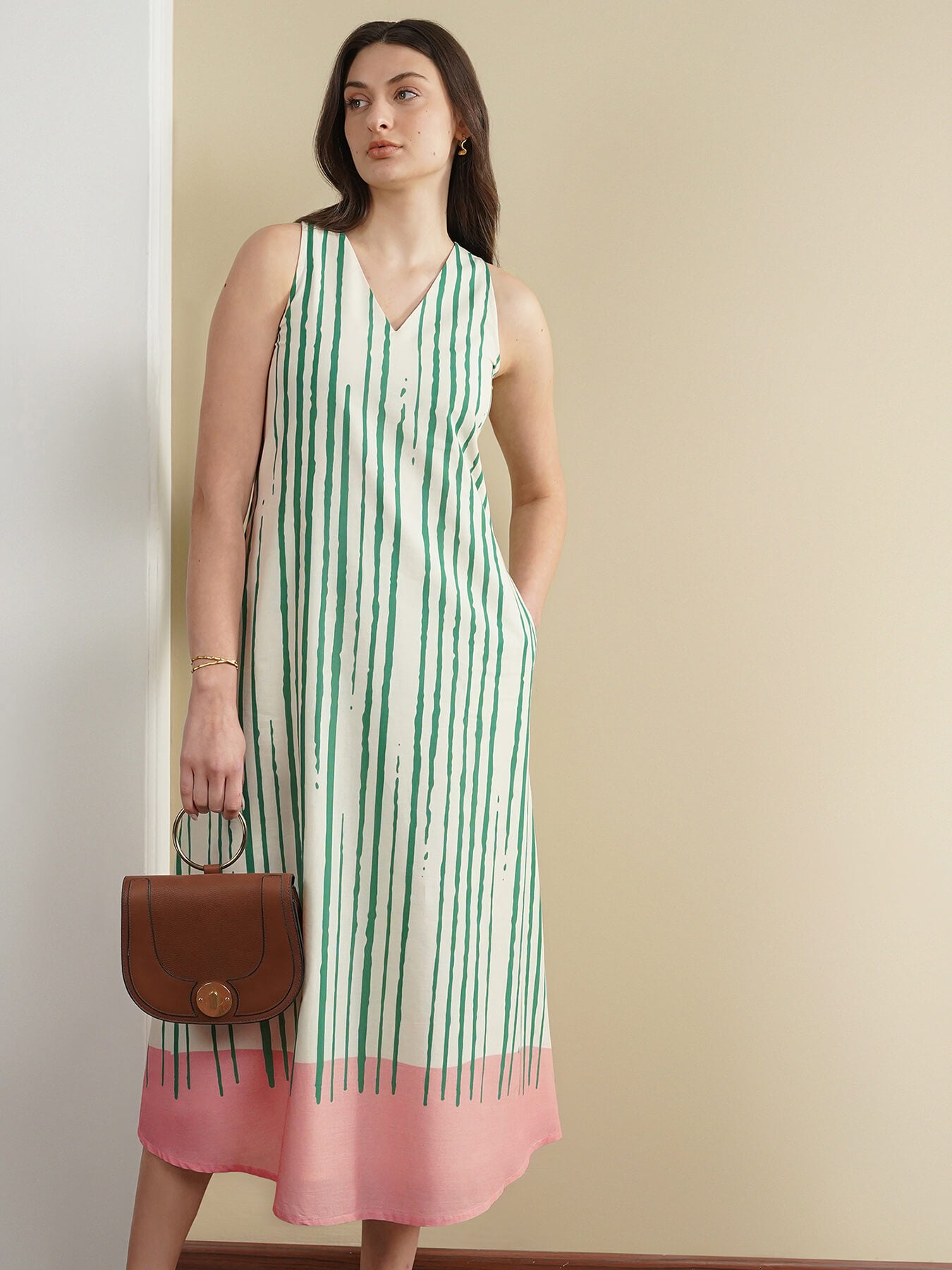 Cotton Striped A-Line Dress - Green