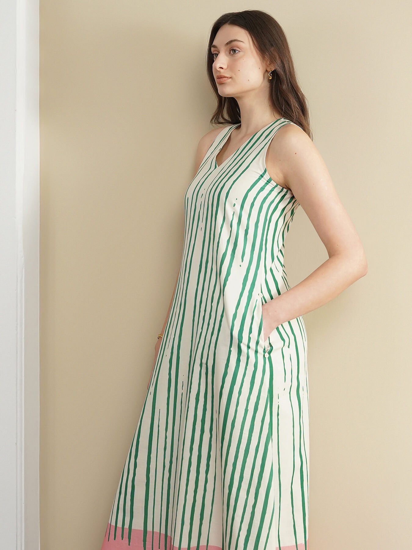 Cotton Striped A-Line Dress - Green