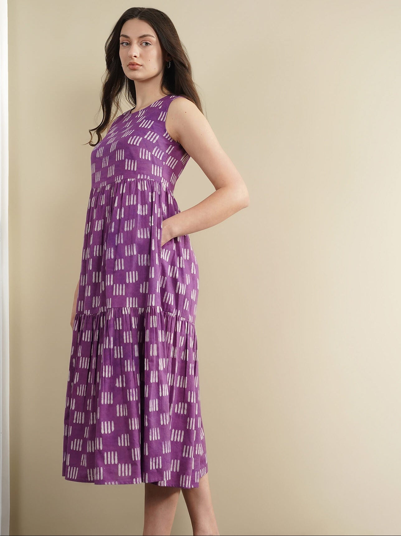 Cotton Dabu Geometric Fit and Flare Dress - Purple