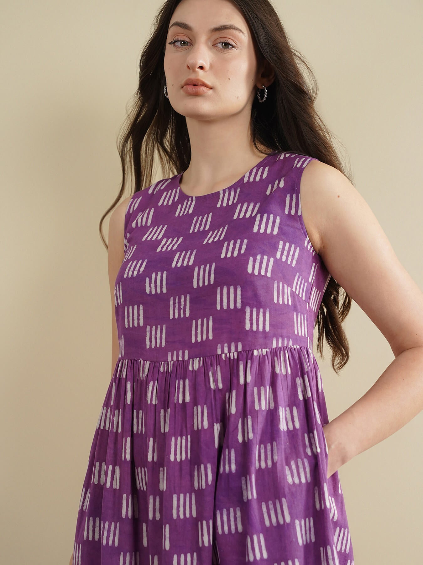 Cotton Dabu Geometric Fit and Flare Dress - Purple
