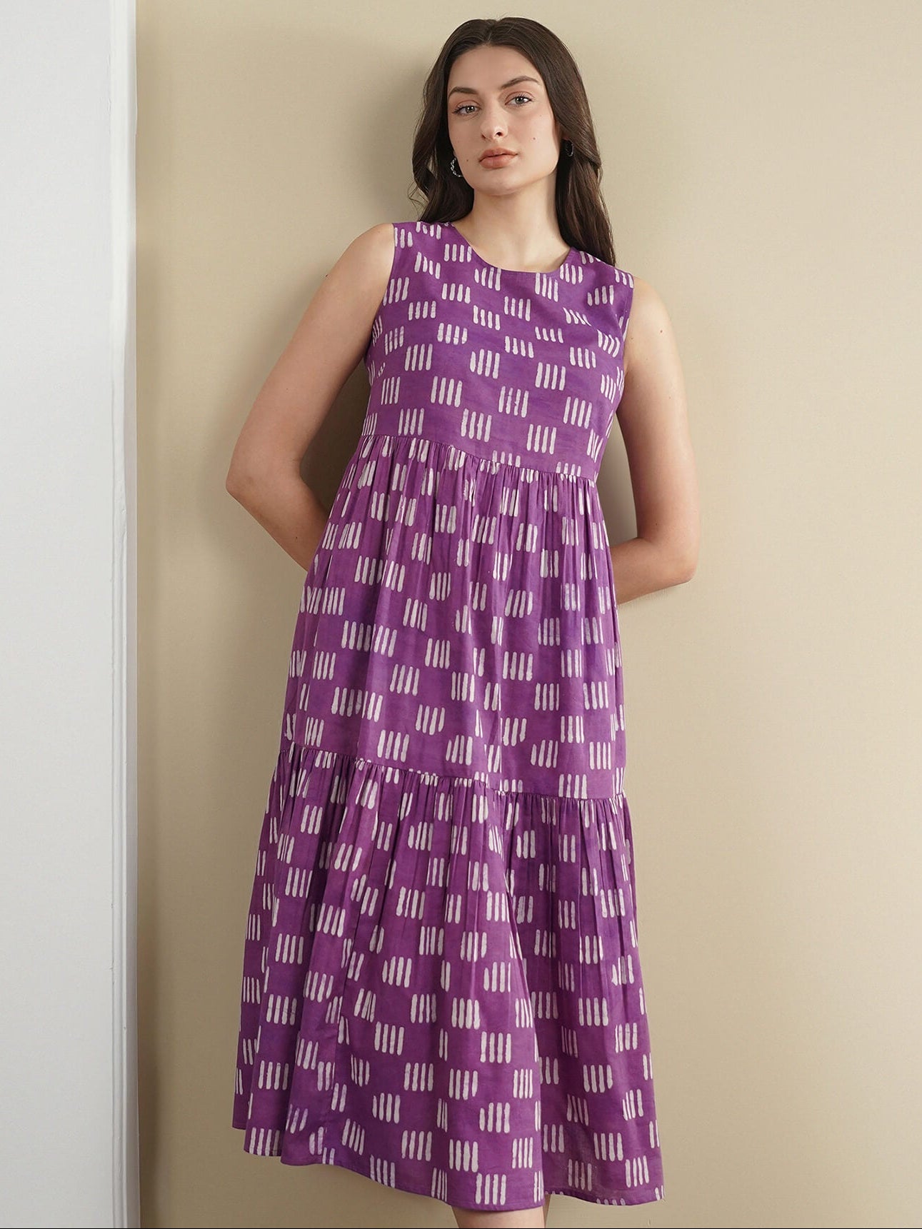 Cotton Dabu Geometric Fit and Flare Dress - Purple