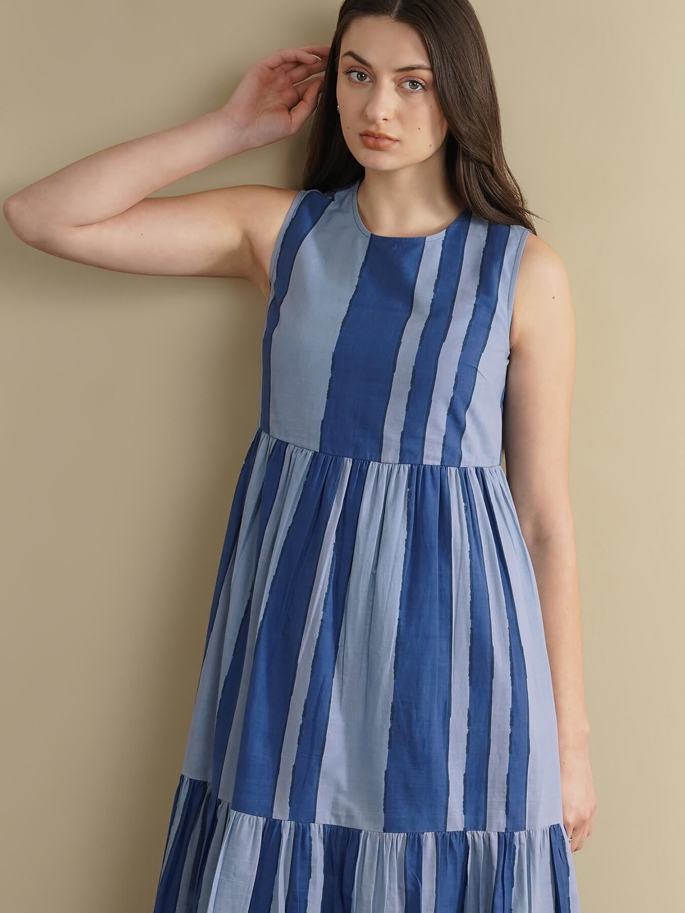 Cotton Striped Midi Dress - Blue