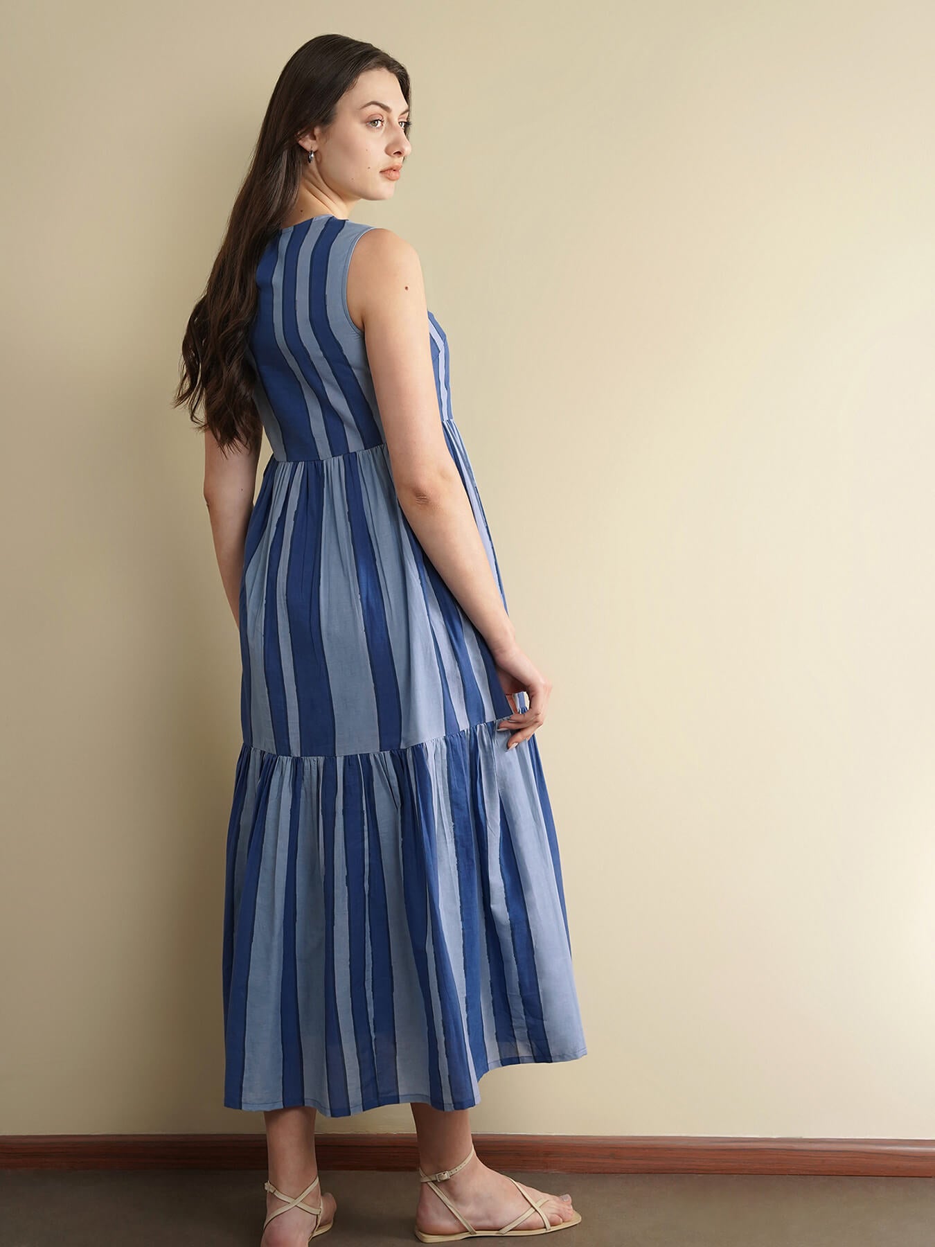 Cotton Striped Midi Dress - Blue