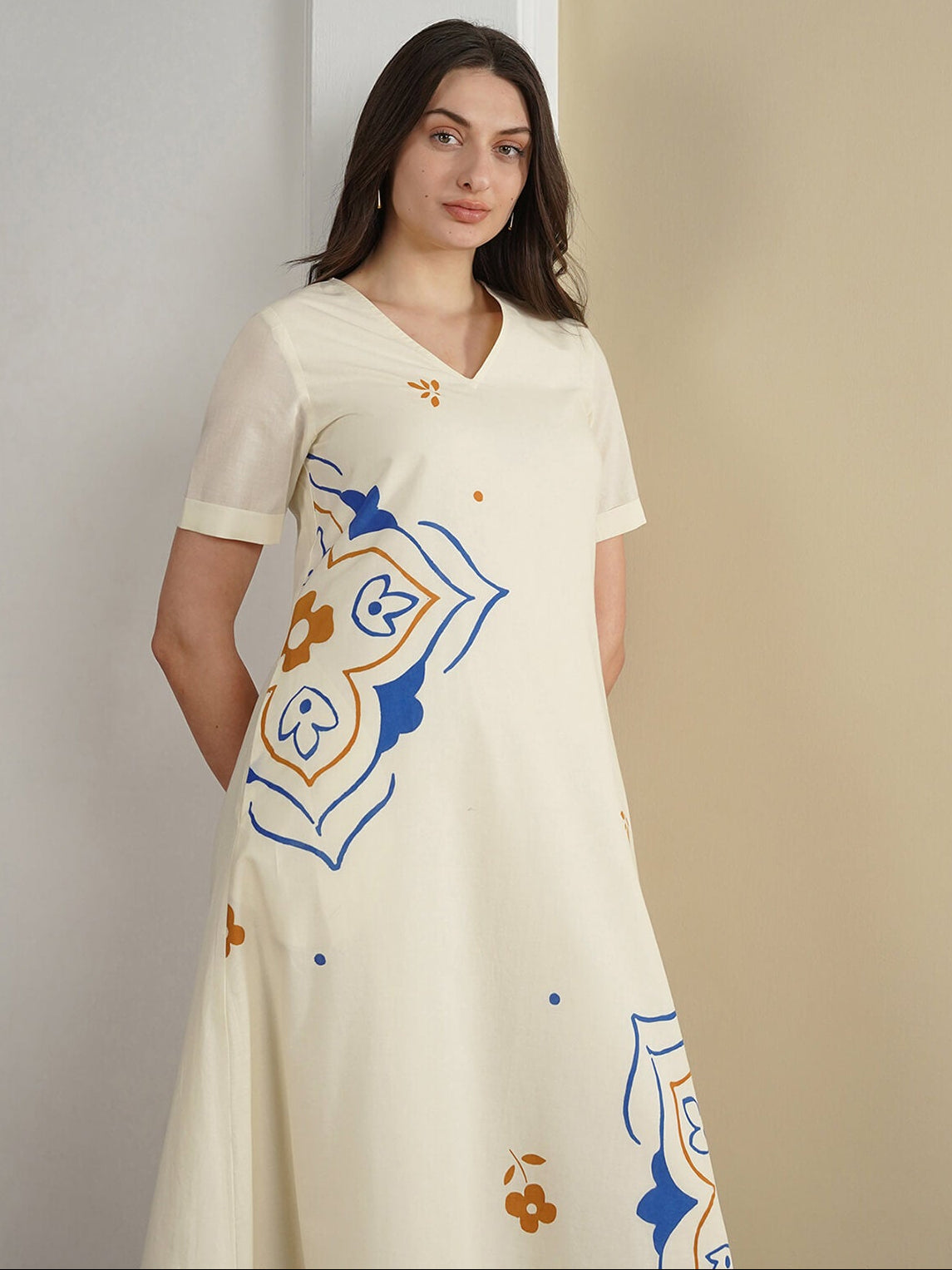 Cotton Abstract A-Line Dress - Off White