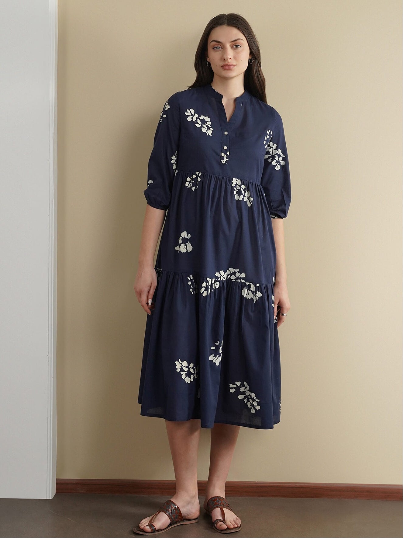 Cotton Geometric Fit and Flare Dress - Navy Blue