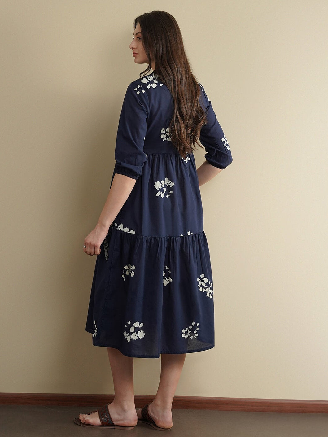 Cotton Geometric Fit and Flare Dress - Navy Blue