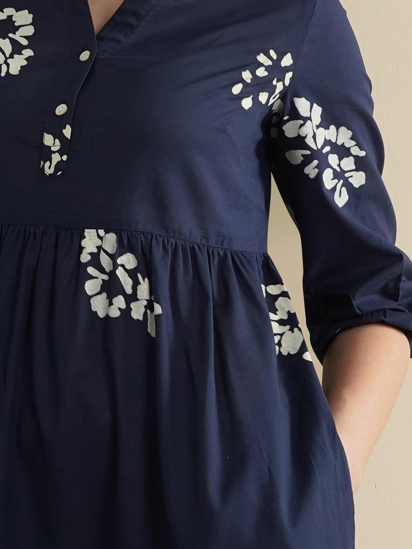 Cotton Geometric Fit and Flare Dress - Navy Blue