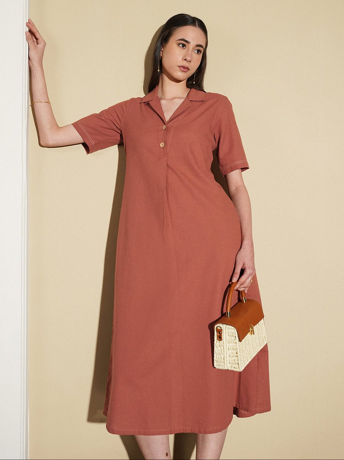 Linen Blend Solid V-Neck Dress - Rust