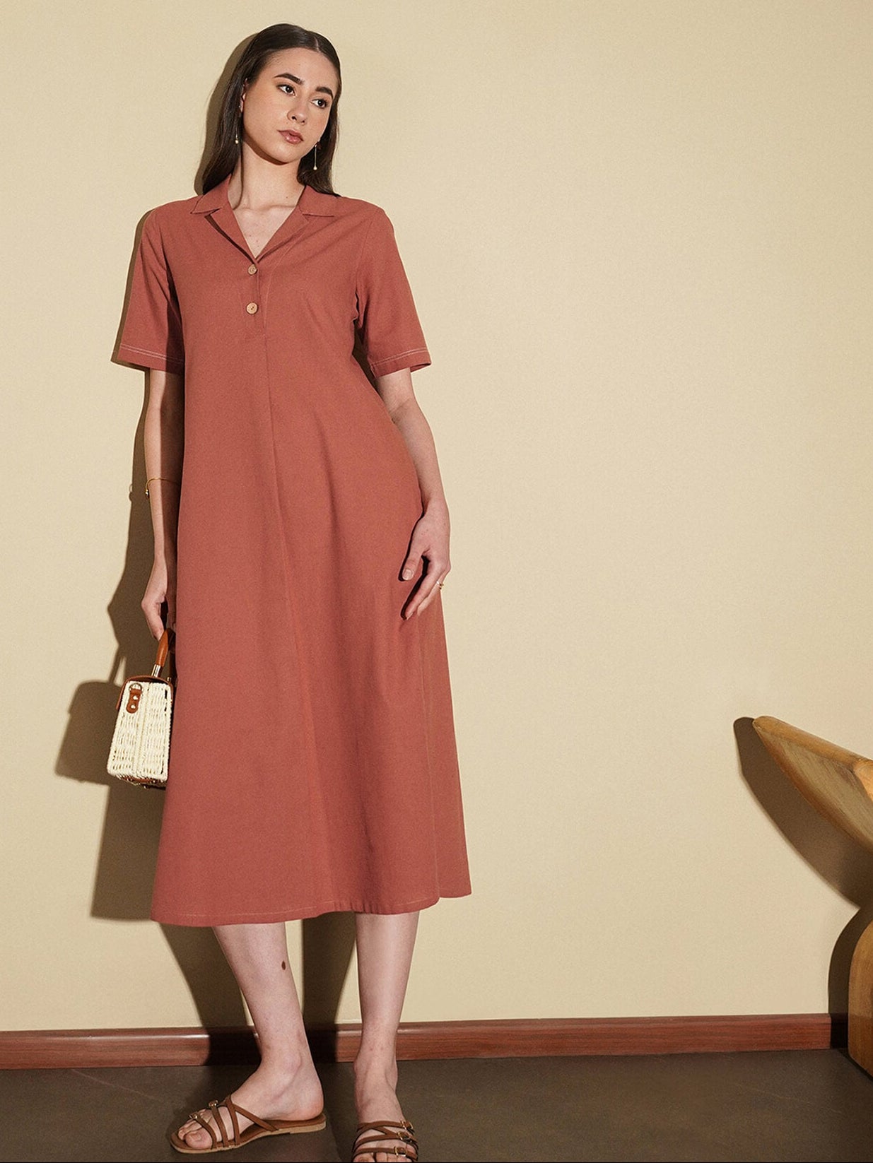 Buy Rust Linen Blend Solid V Online | Pink Fort