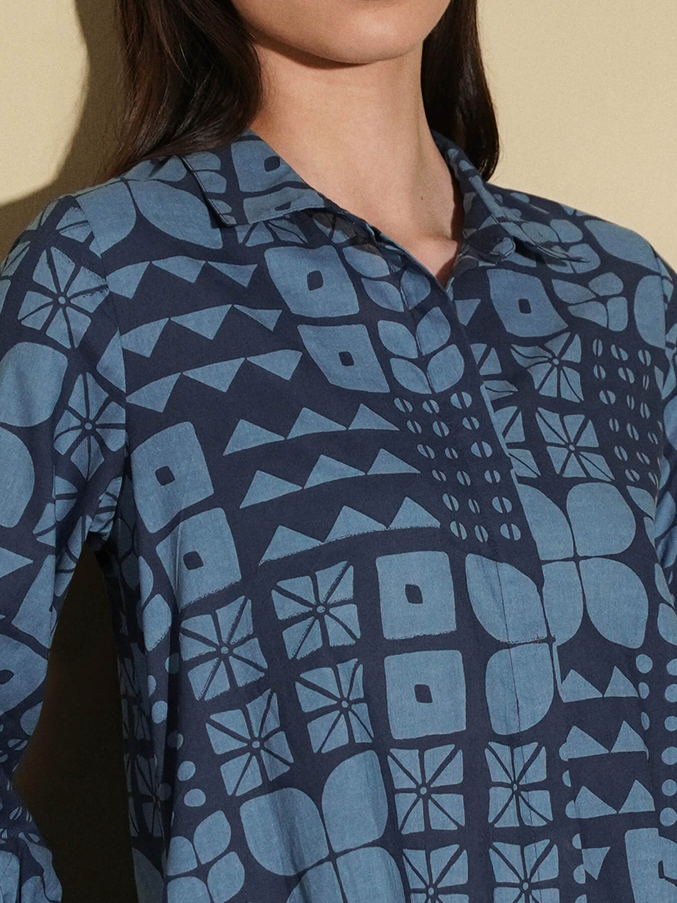 Cotton Geometric Shirt Collar Dress - Blue