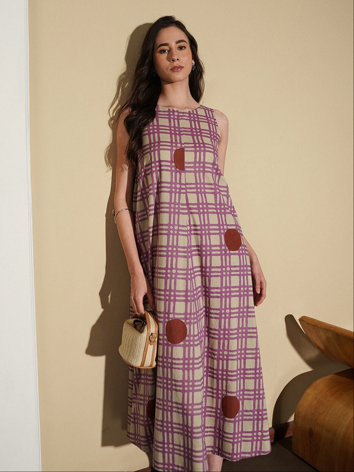 Cotton Boat Neck A-Line Dress - Beige