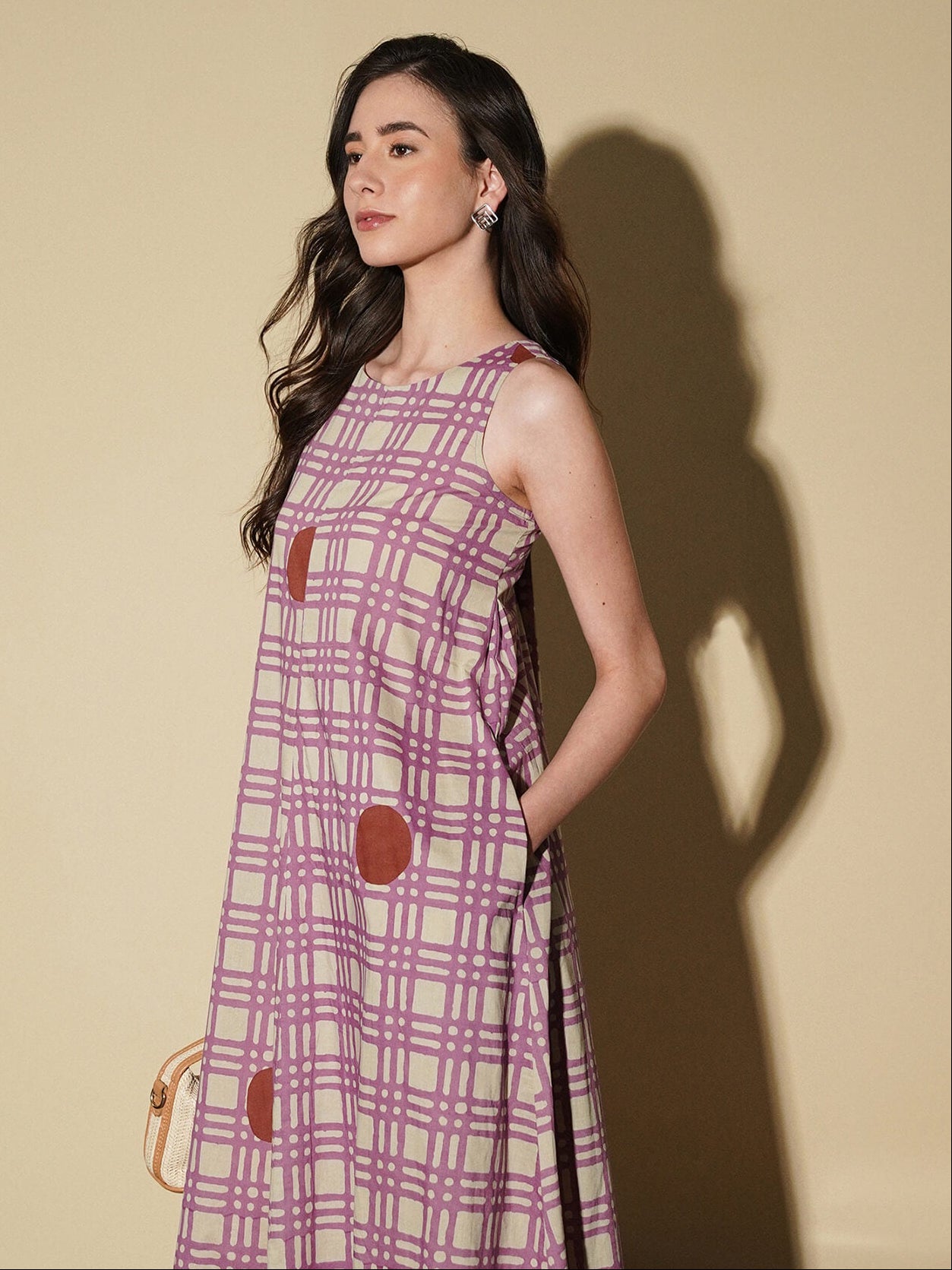 Cotton Boat Neck A-Line Dress - Beige