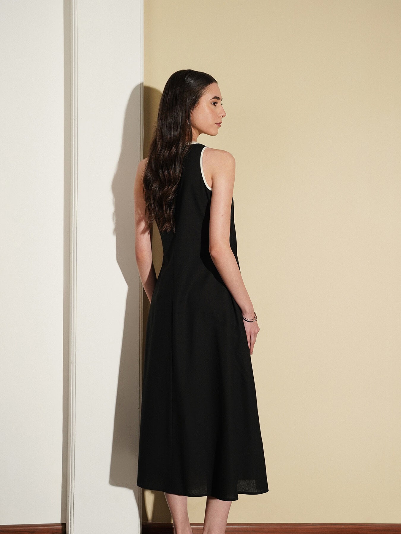 Linen Blend Fit and Flare Dress - Black