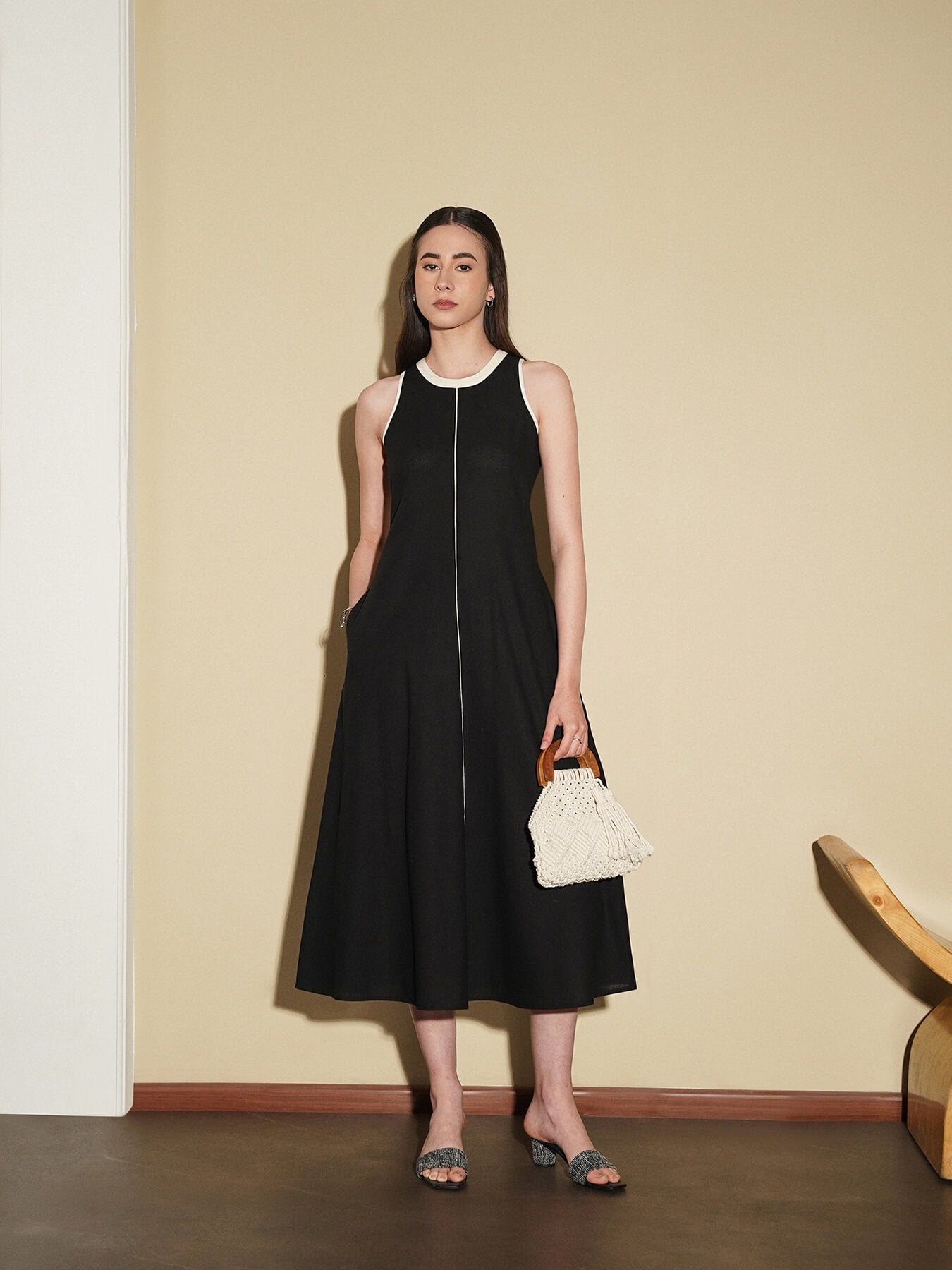 Linen Blend Fit and Flare Dress - Black