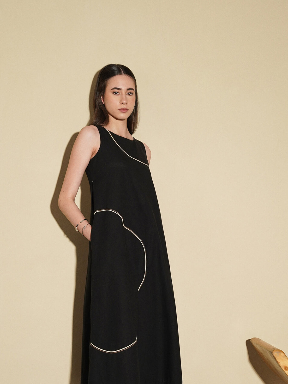 Linen Blend Abstract Print Dress - Black