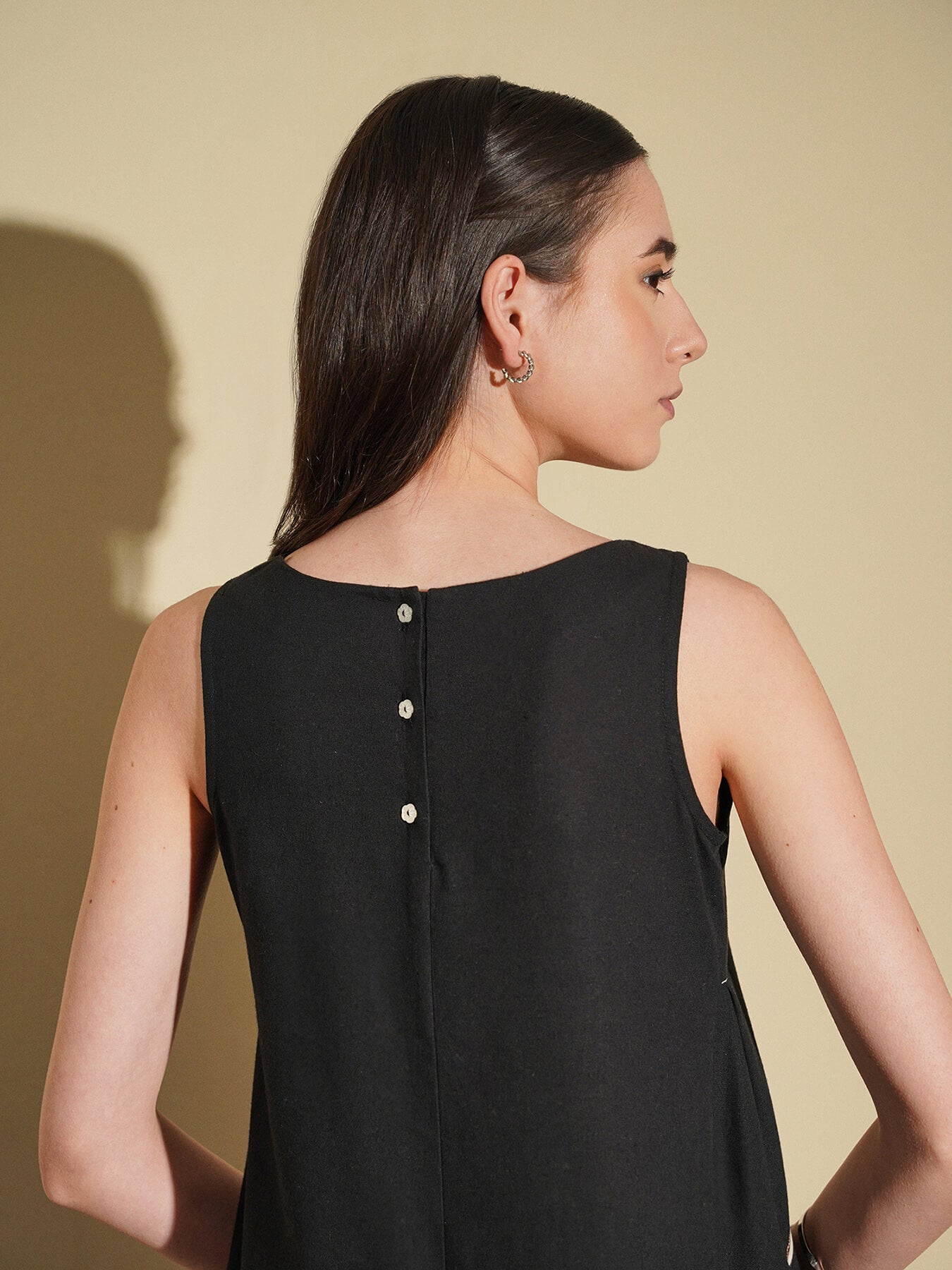 Linen Blend Abstract Print Dress - Black