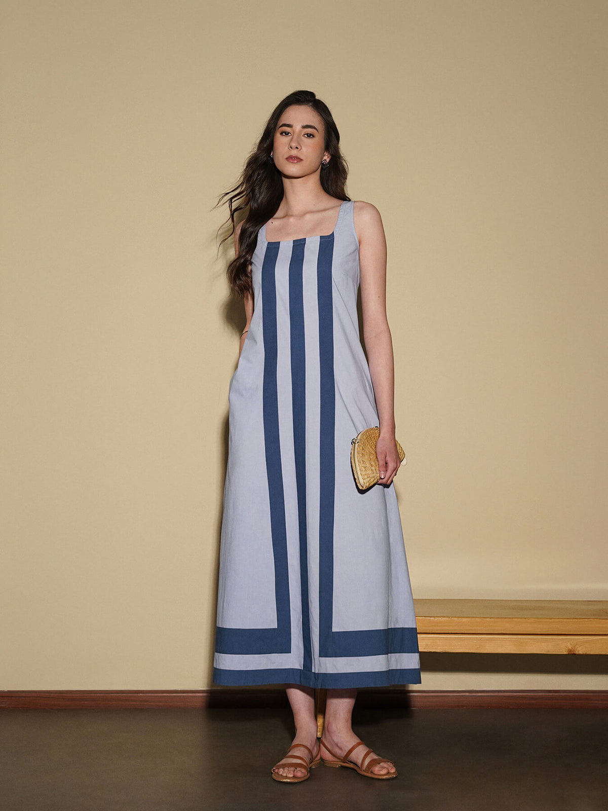 Cotton Solid Square Neck Dress - Blue