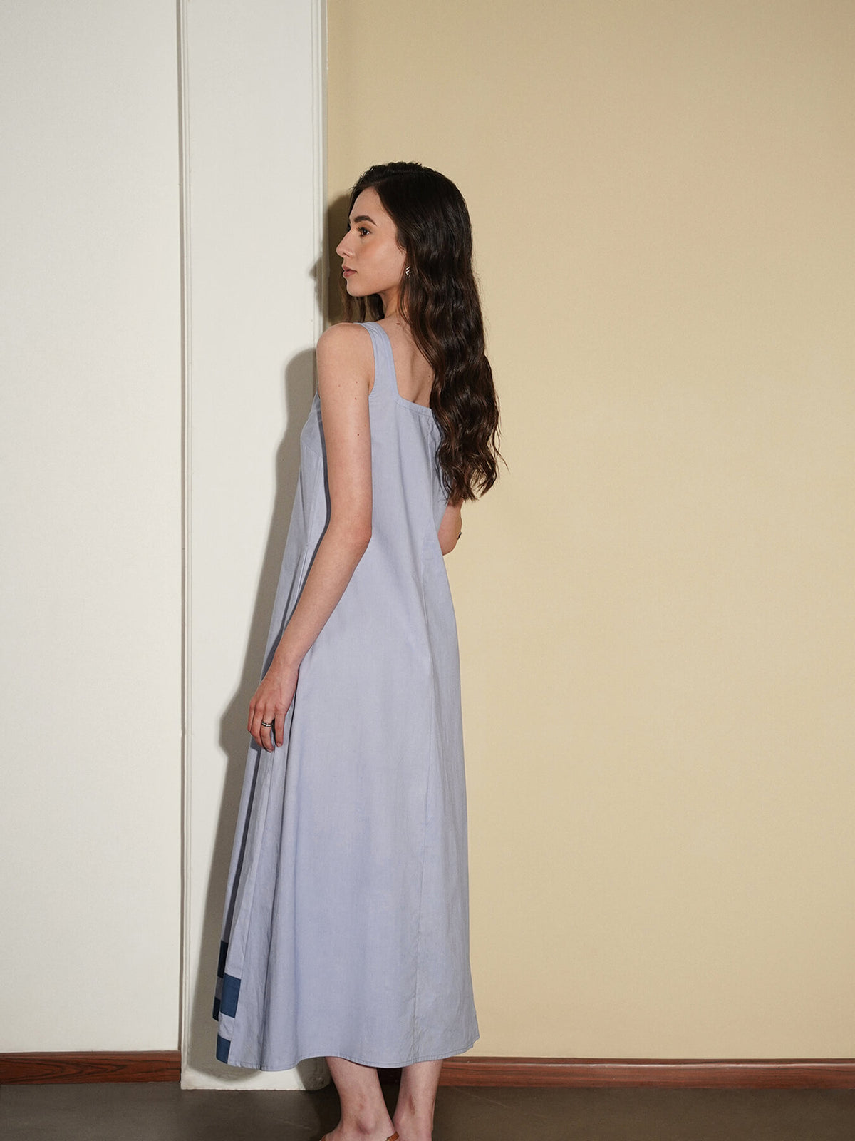 Cotton Solid Square Neck Dress - Blue