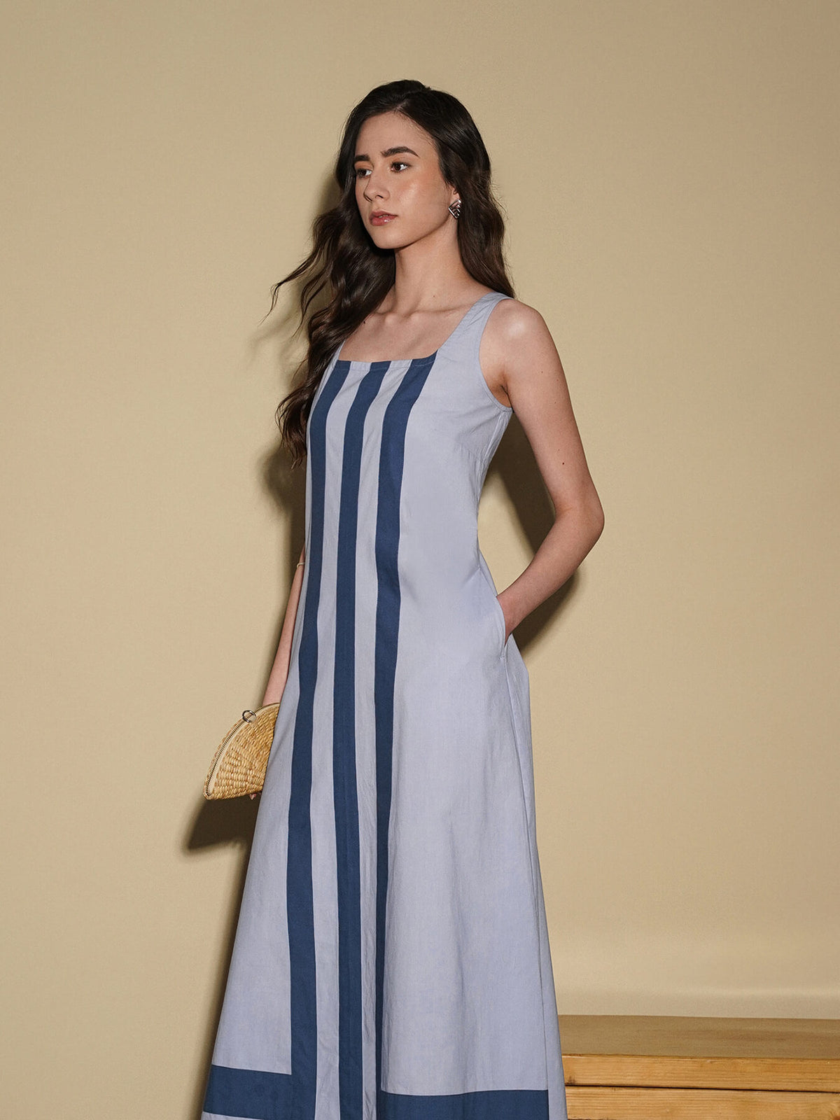 Cotton Solid Square Neck Dress - Blue