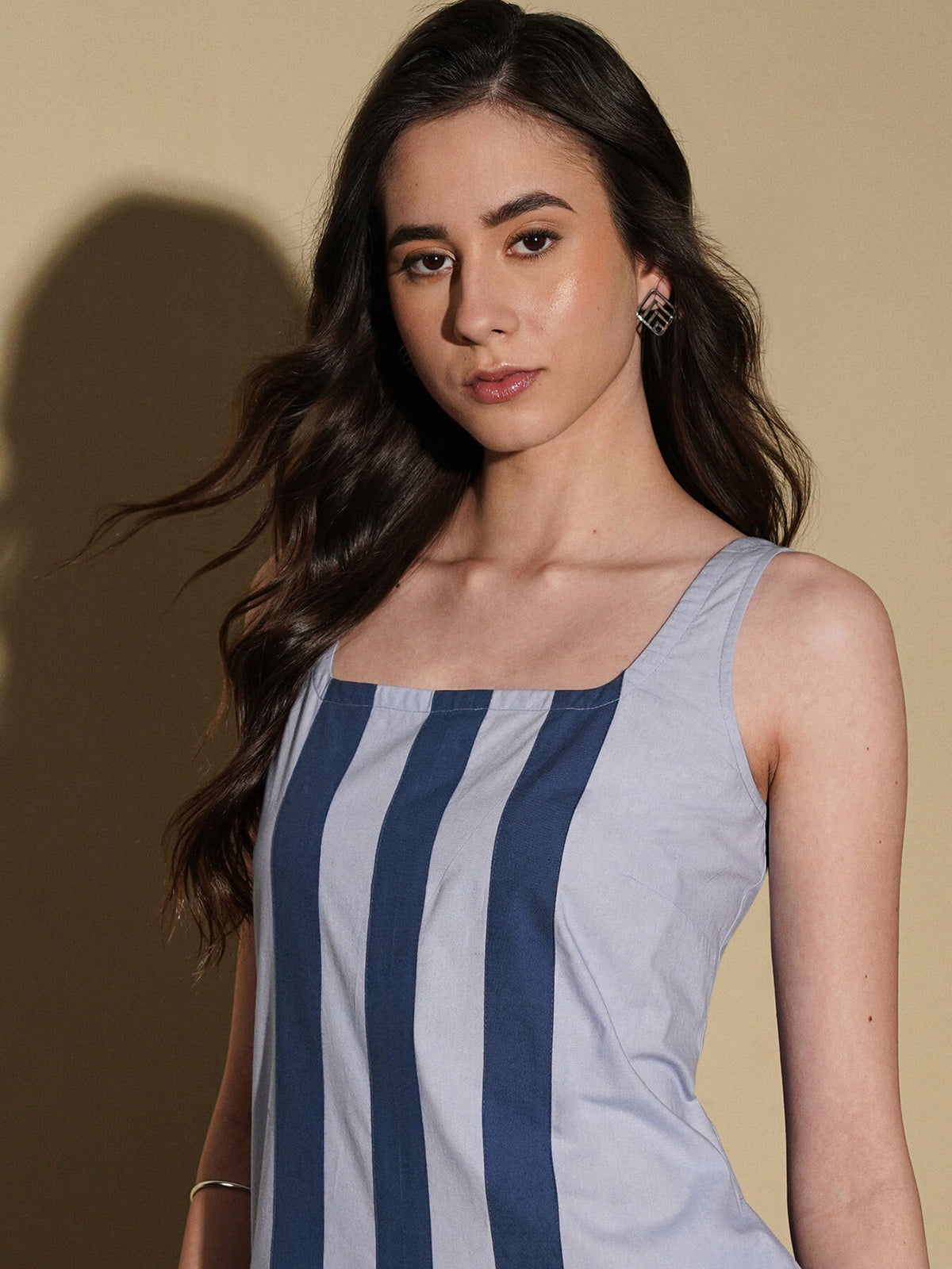Cotton Solid Square Neck Dress - Blue
