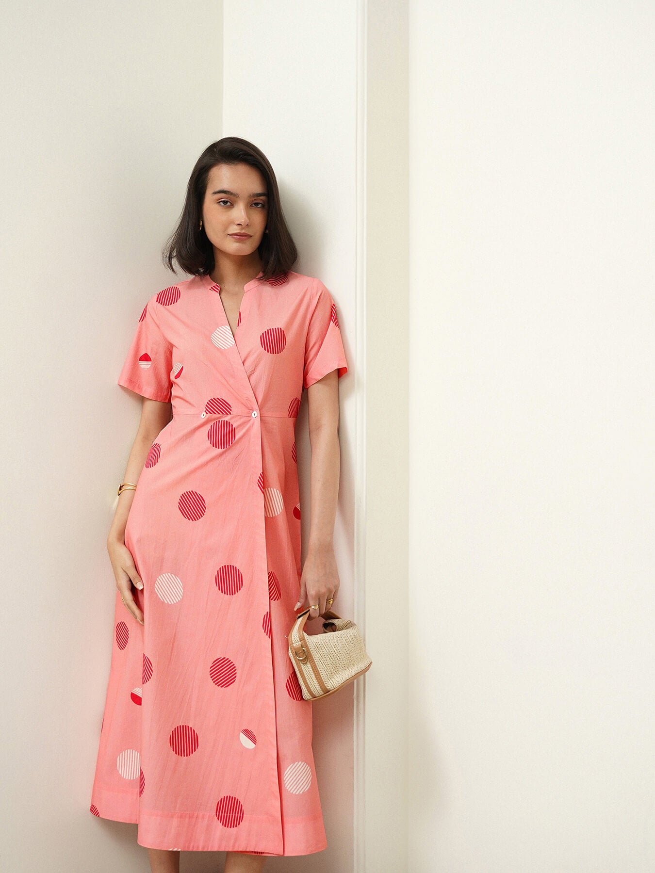 Cotton Polka V-Neck Dress - Pink