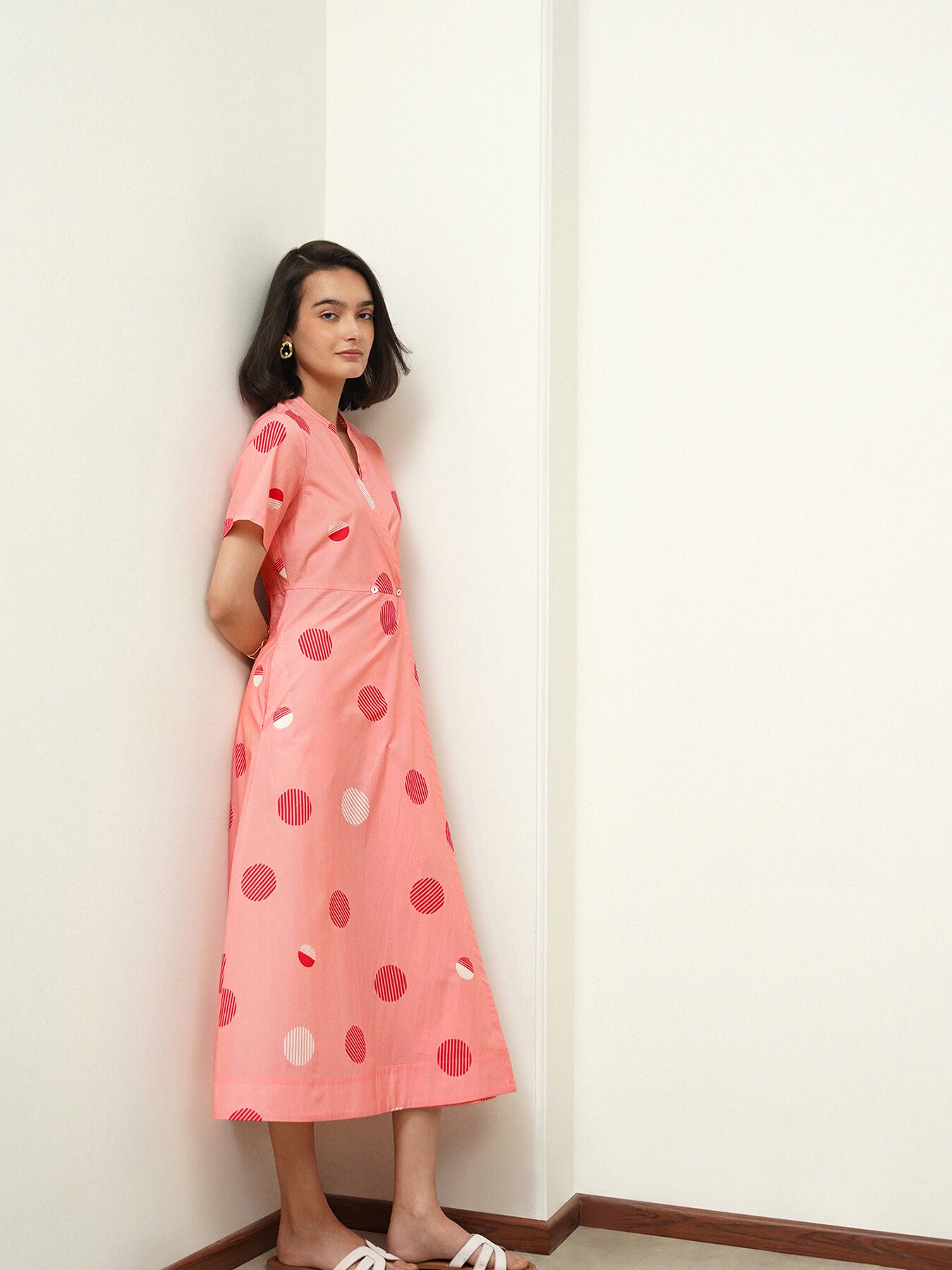Cotton Polka V-Neck Dress - Pink