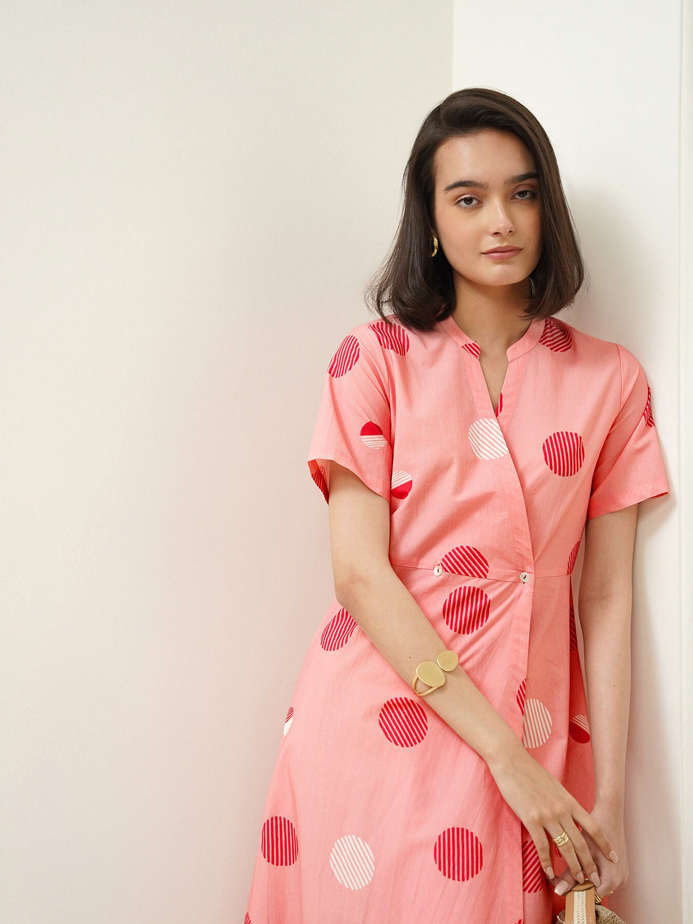 Cotton Polka V-Neck Dress - Pink