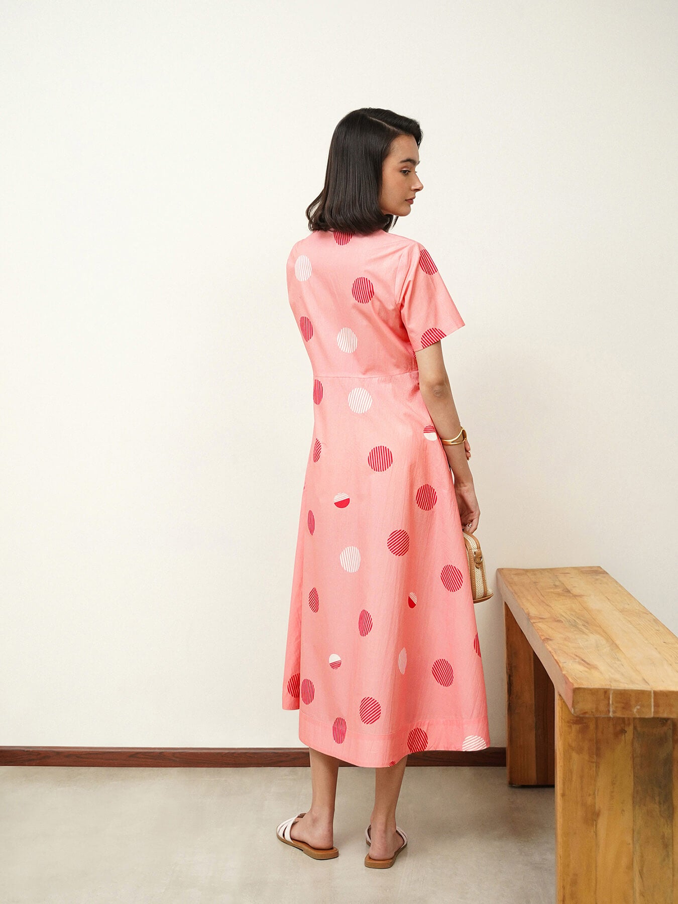 Cotton Polka V-Neck Dress - Pink