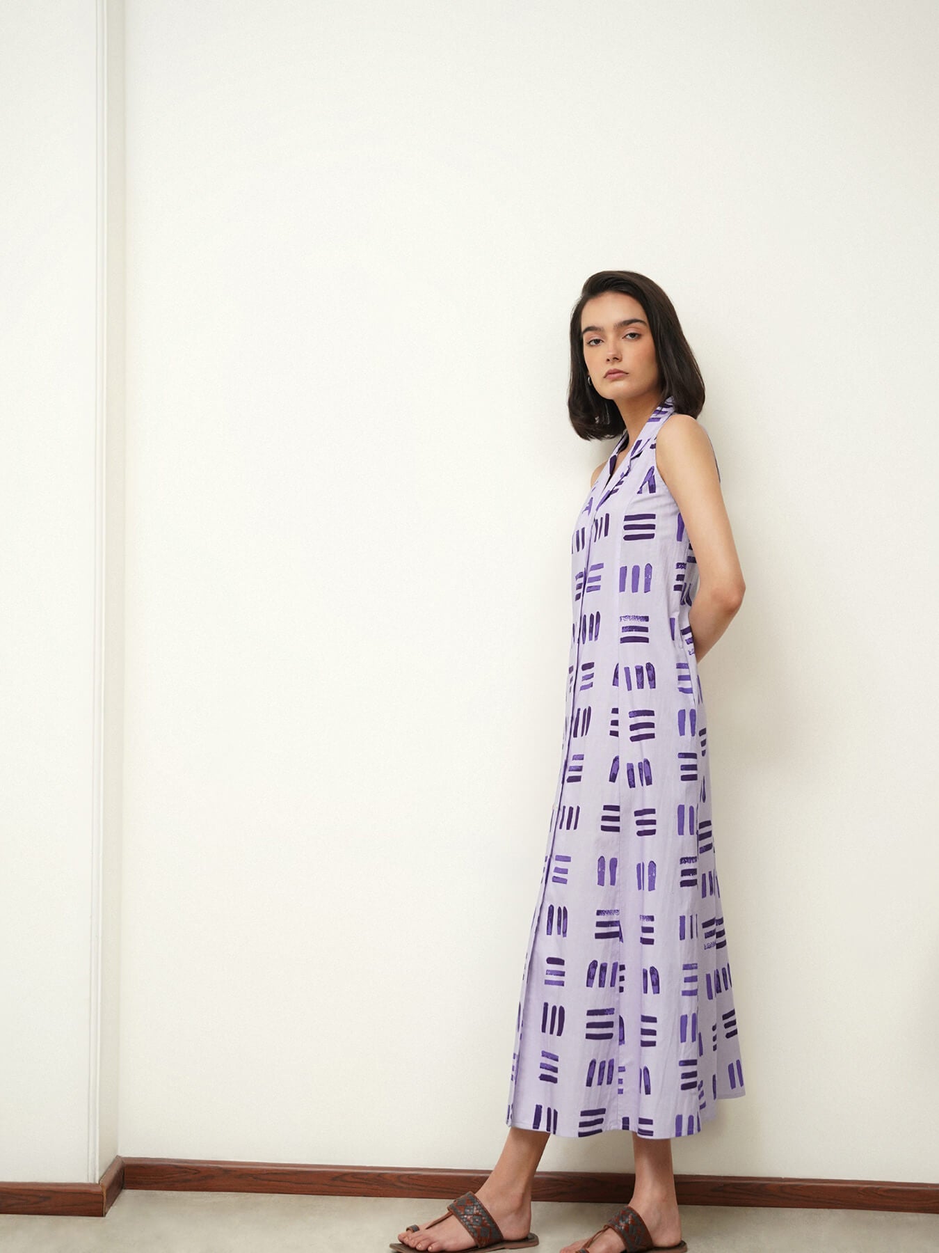 Cotton Striped Shirt Collar Dress - Purple