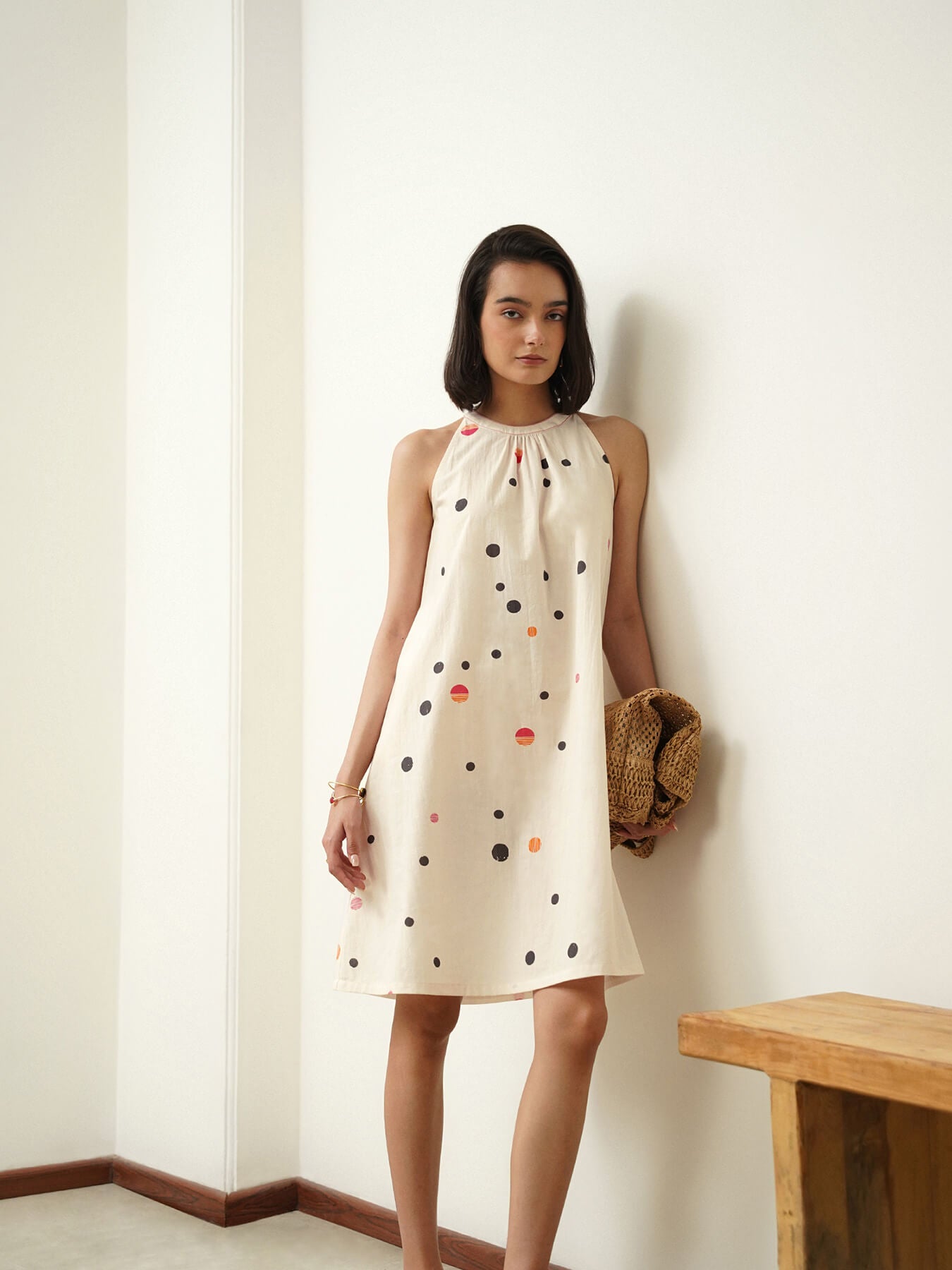Cotton Polka Halter Neck Dress - Off White