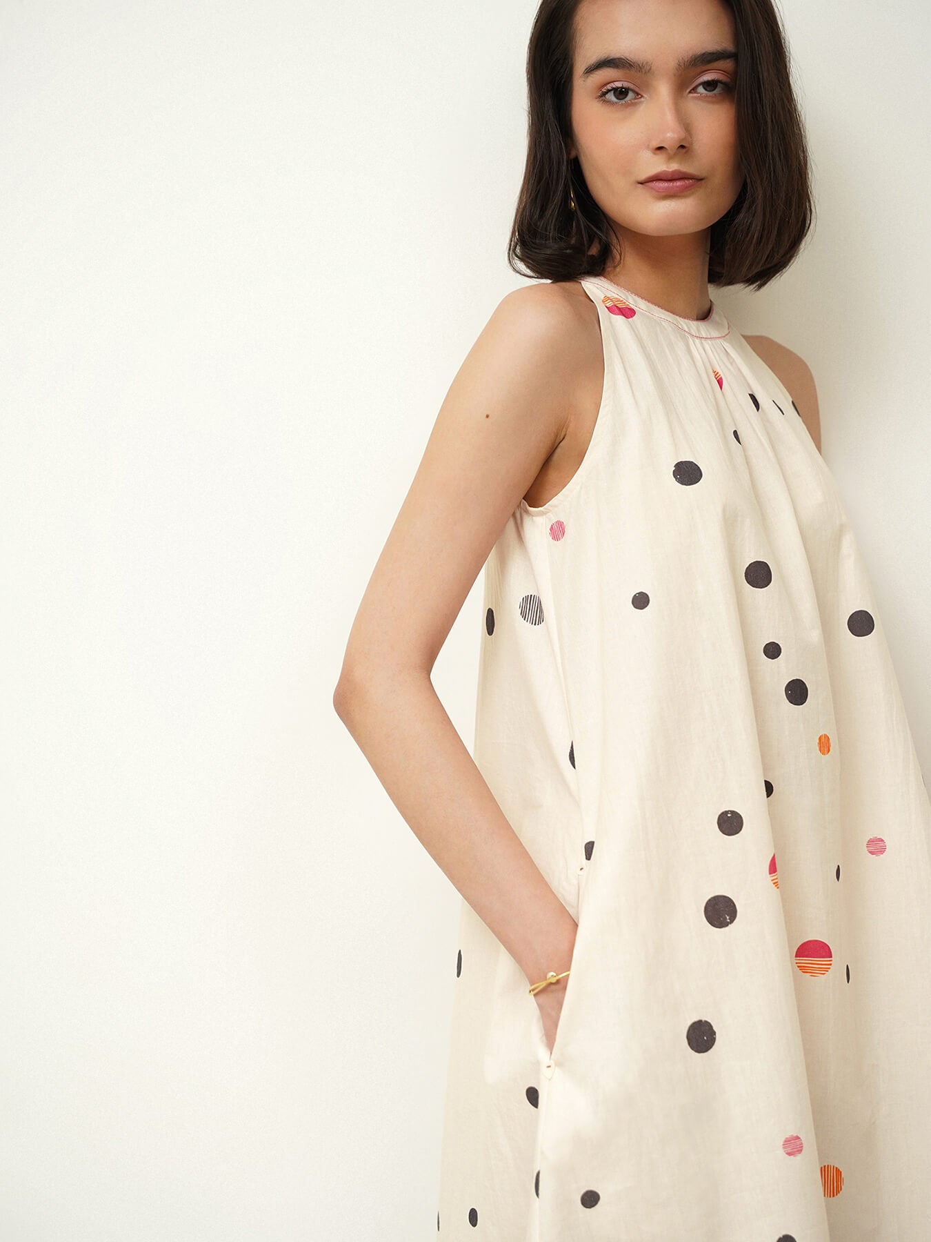 Cotton Polka Halter Neck Dress - Off White