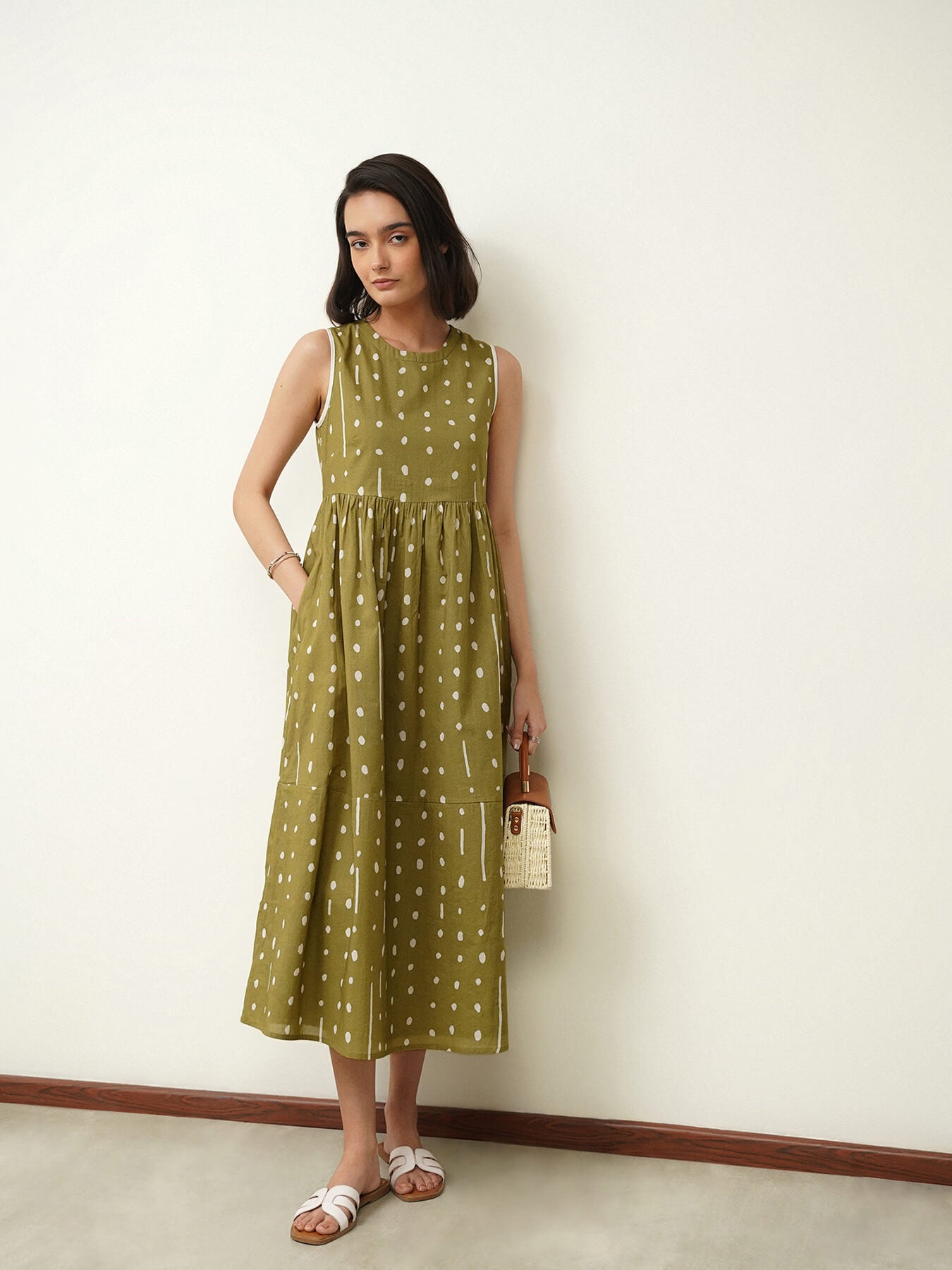 Cotton Polka Flared Dress - Green