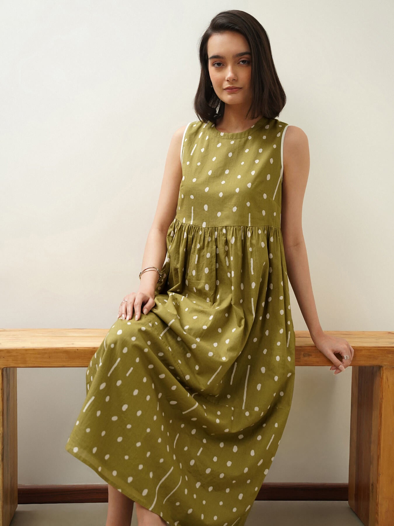 Cotton Polka Flared Dress - Green